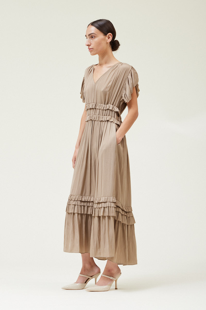 Ruffled Satin V- Neck Dress