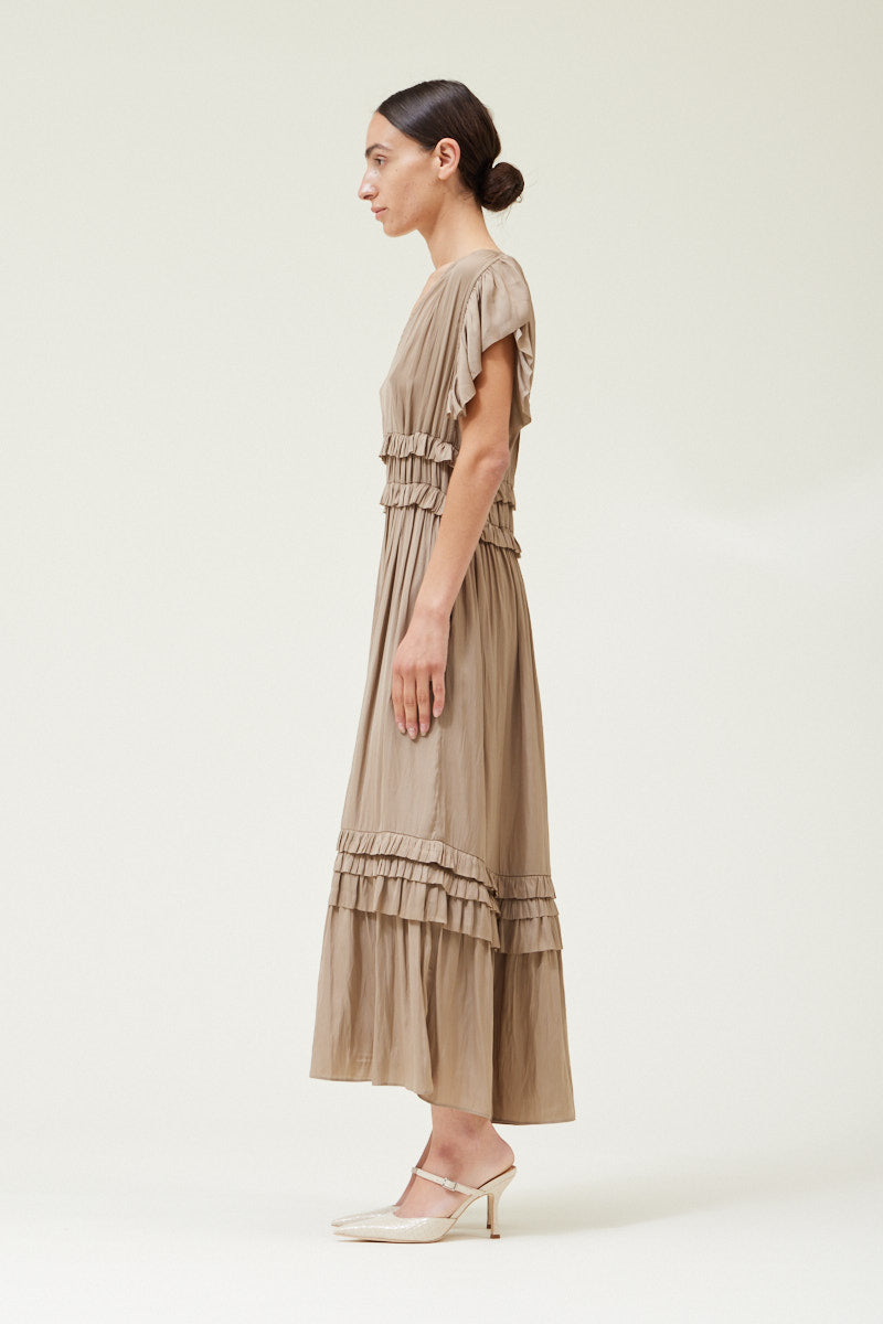 Ruffled Satin V- Neck Dress