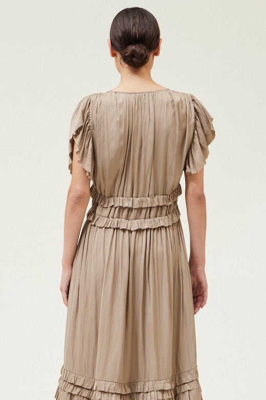 Ruffled Satin V- Neck Dress