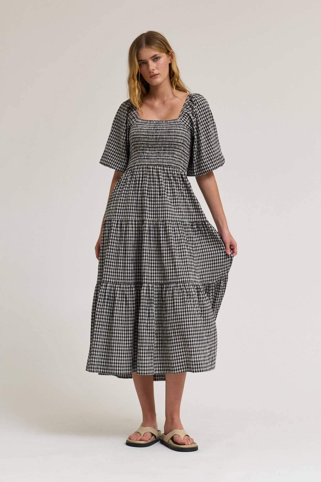 Smocking Tiered Midi Gingham Dress in Midnight