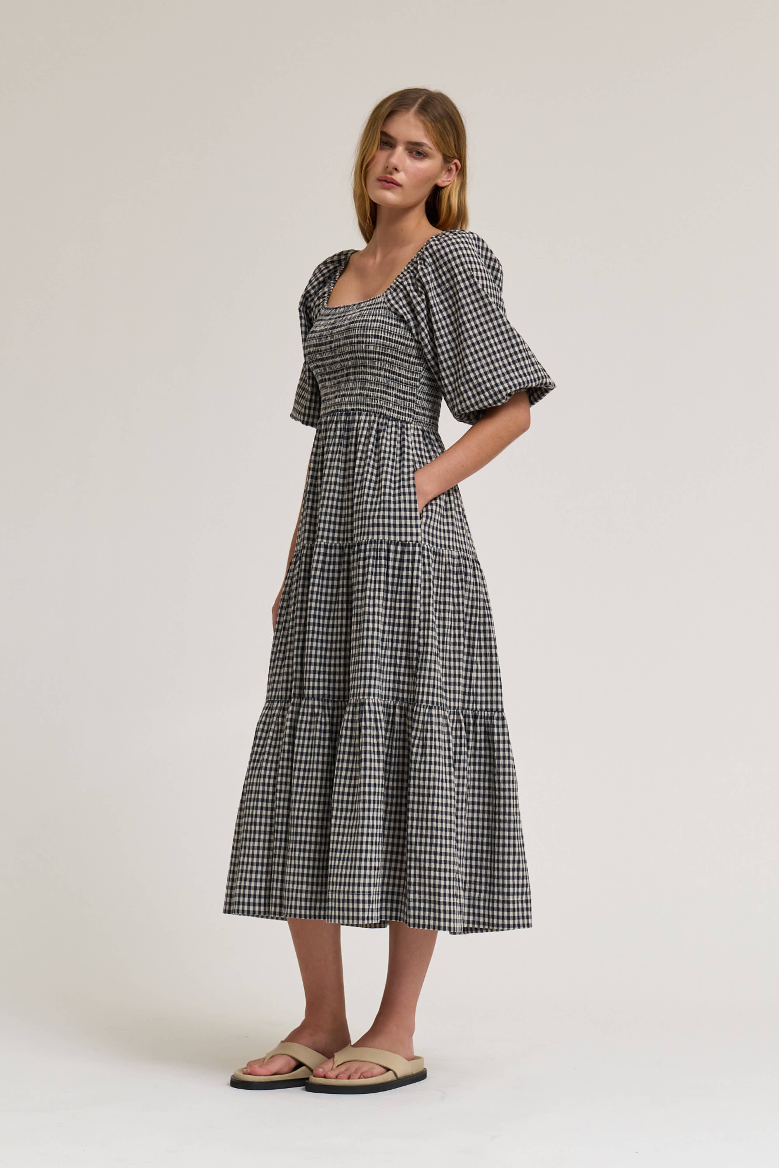 Smocking Tiered Midi Gingham Dress in Midnight