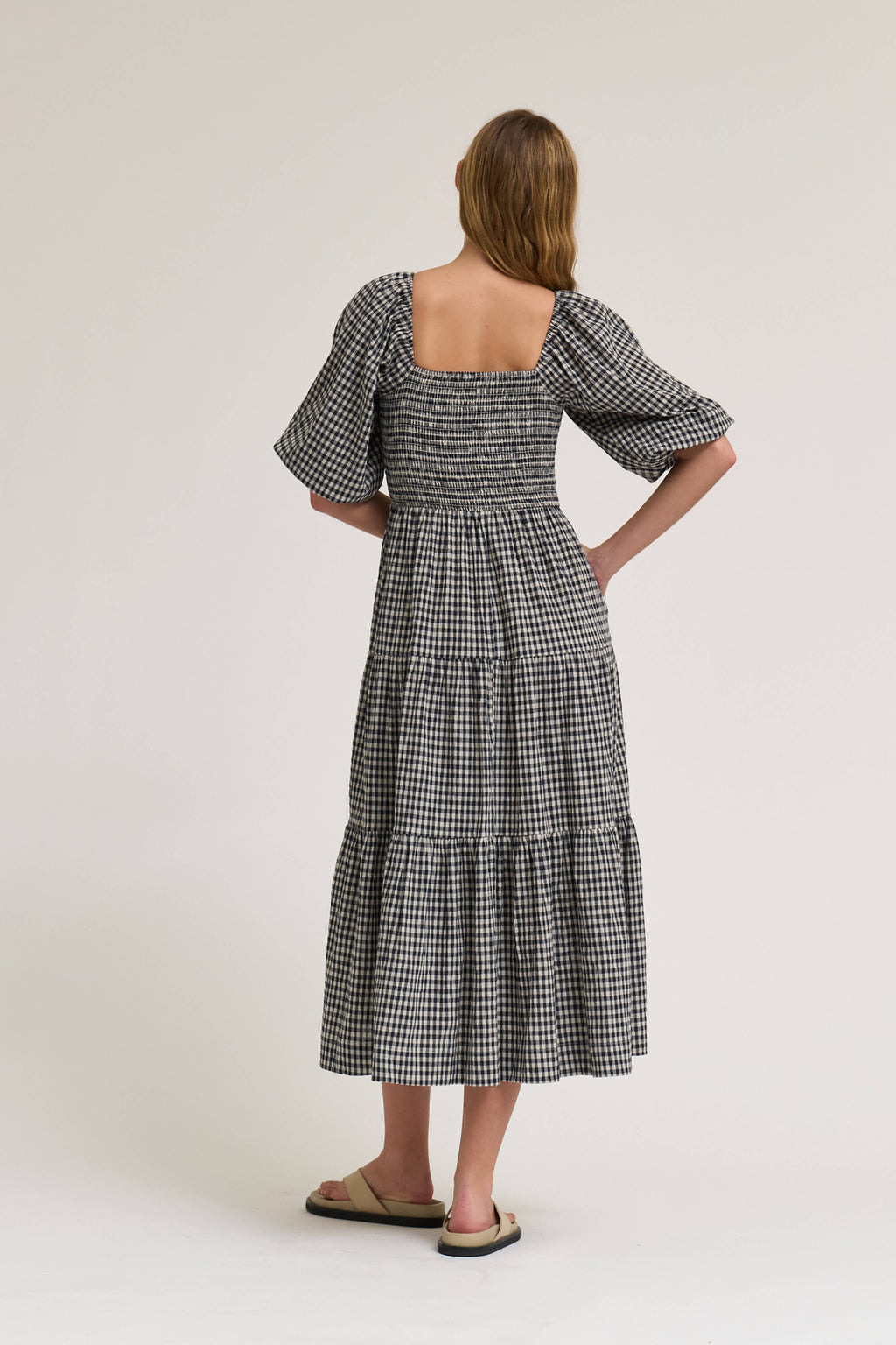 Smocking Tiered Midi Gingham Dress in Midnight