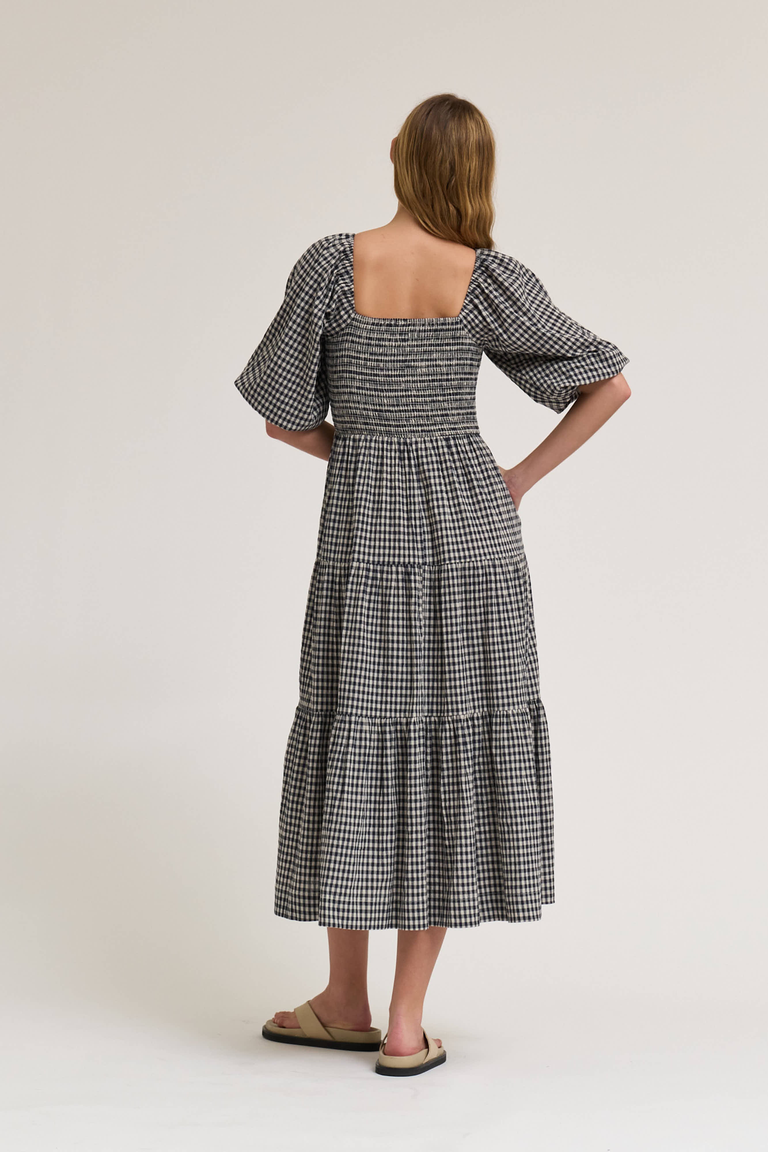 Smocking Tiered Midi Gingham Dress in Midnight