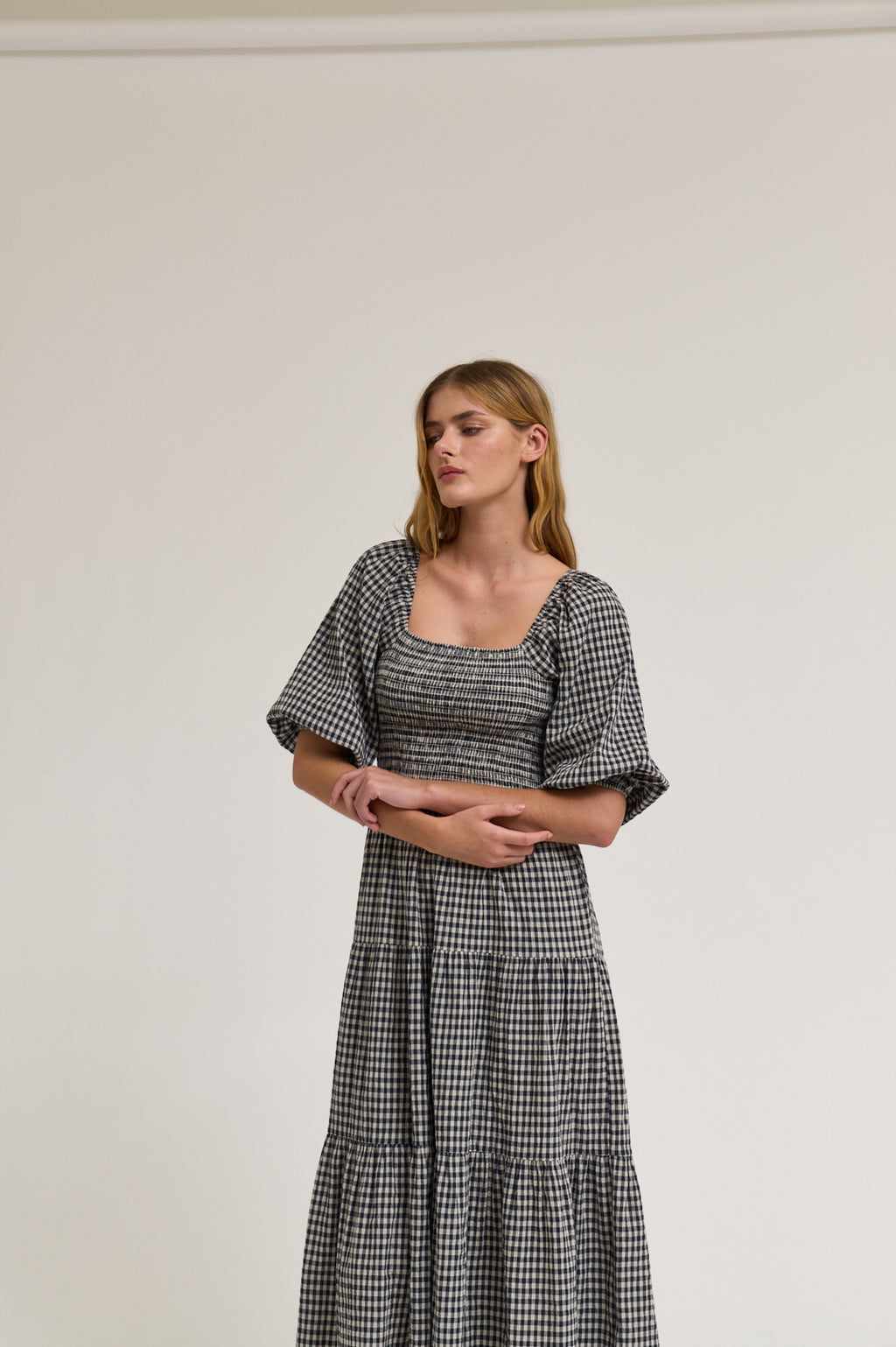 Smocking Tiered Midi Gingham Dress in Midnight