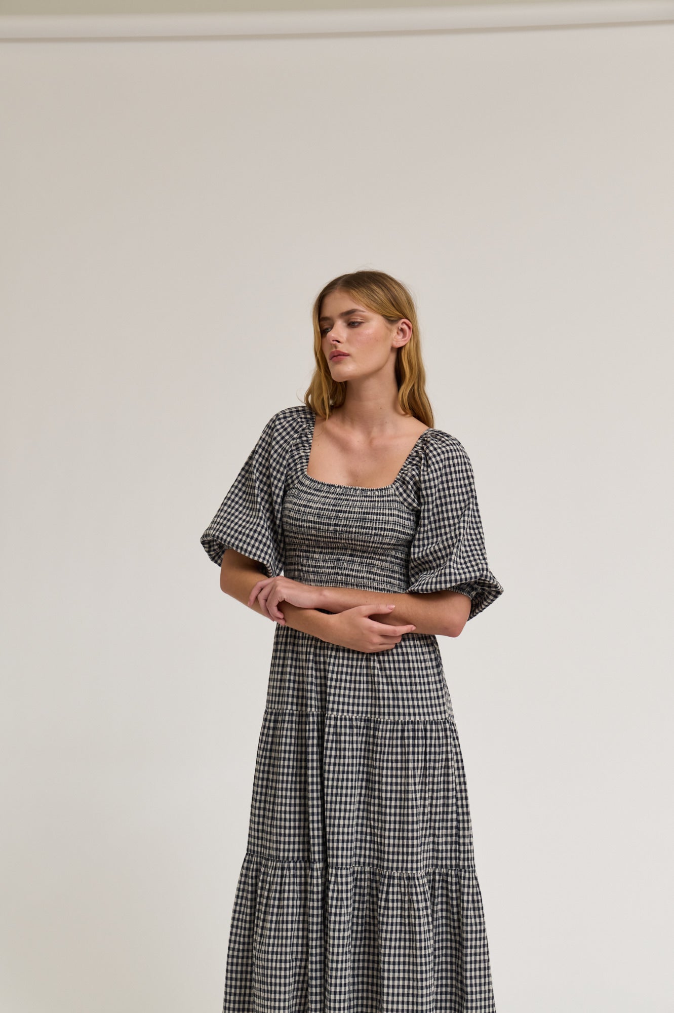 Smocking Tiered Midi Gingham Dress in Midnight