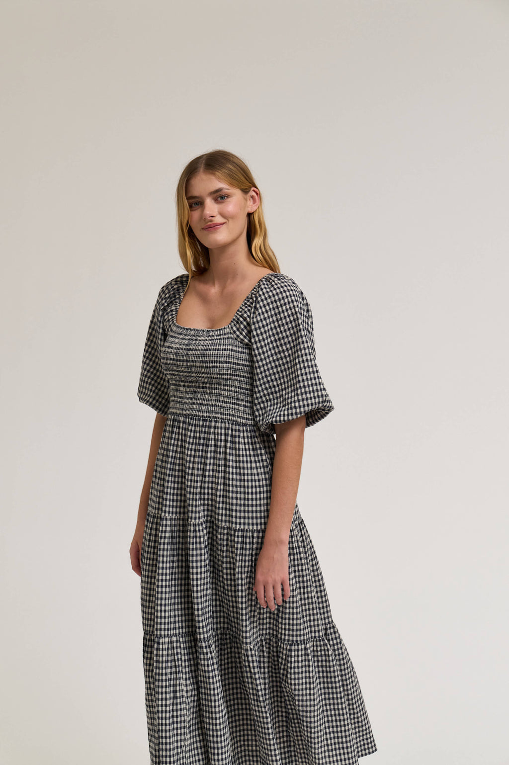 Smocking Tiered Midi Gingham Dress in Midnight