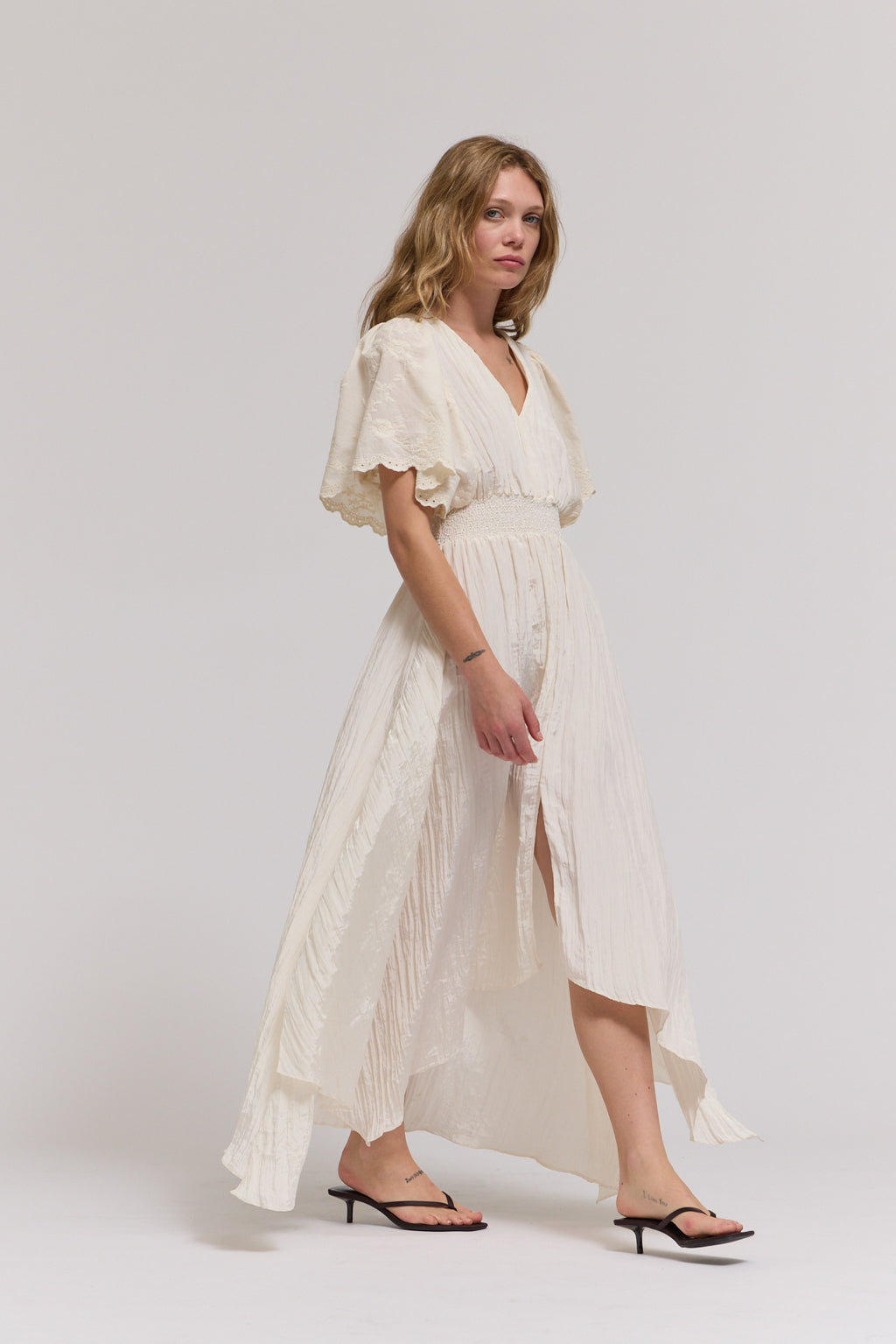 Embroidered Sleeves Unbalanced Skirt Maxi Dress in Milk