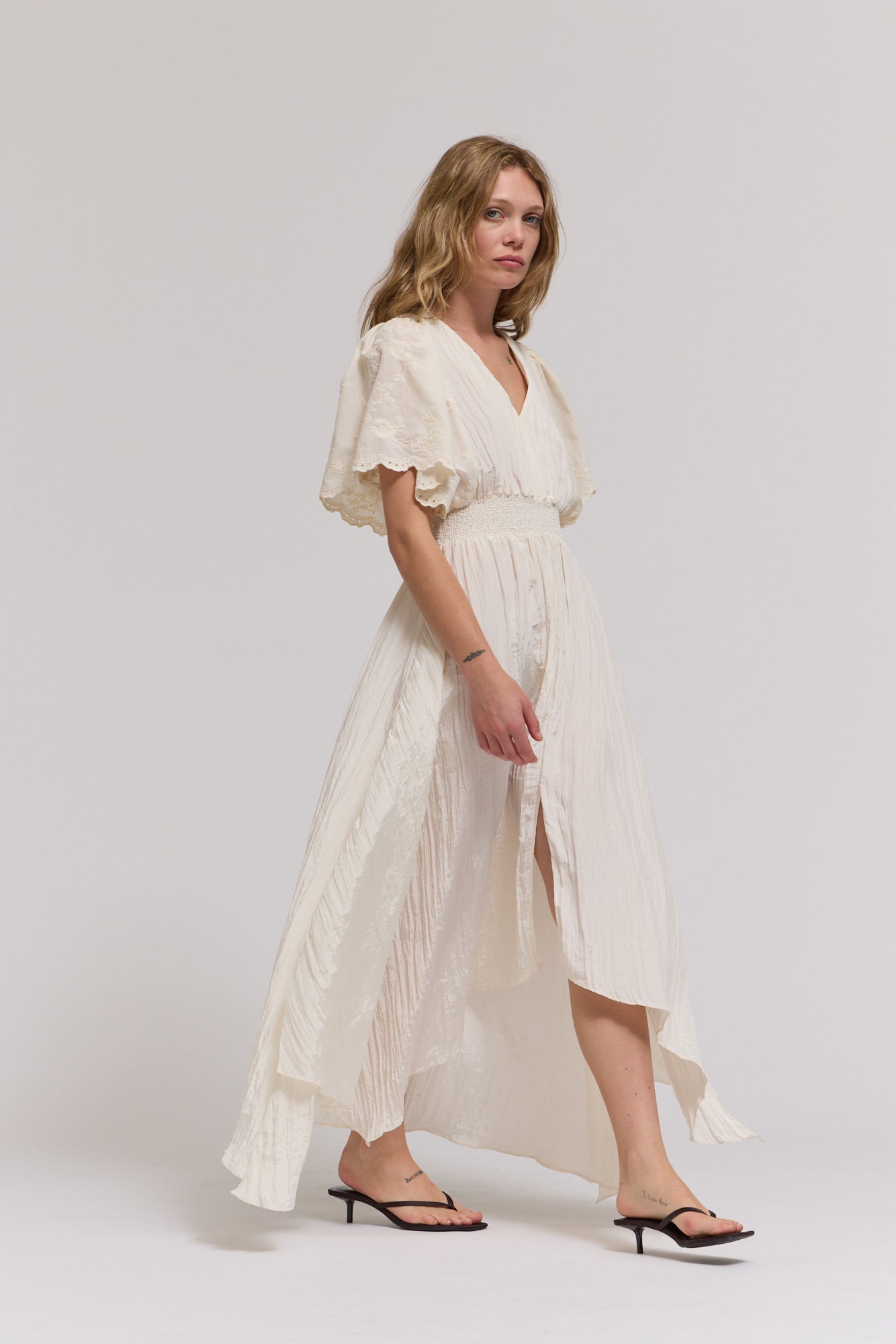 Embroidered Sleeves Unbalanced Skirt Maxi Dress in Milk