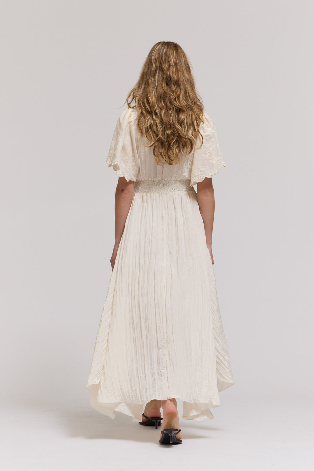 Embroidered Sleeves Unbalanced Skirt Maxi Dress in Milk