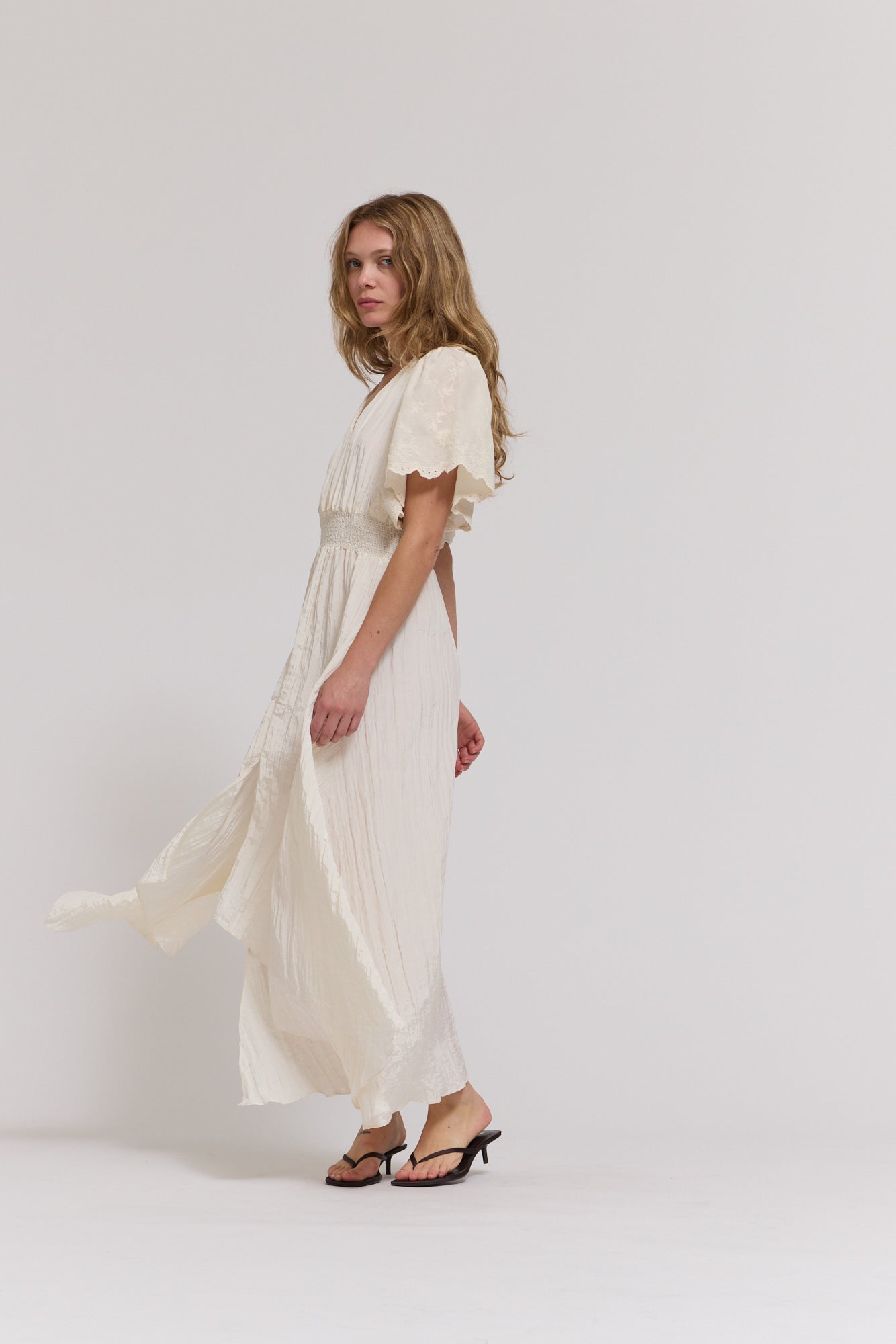 Embroidered Sleeves Unbalanced Skirt Maxi Dress in Milk