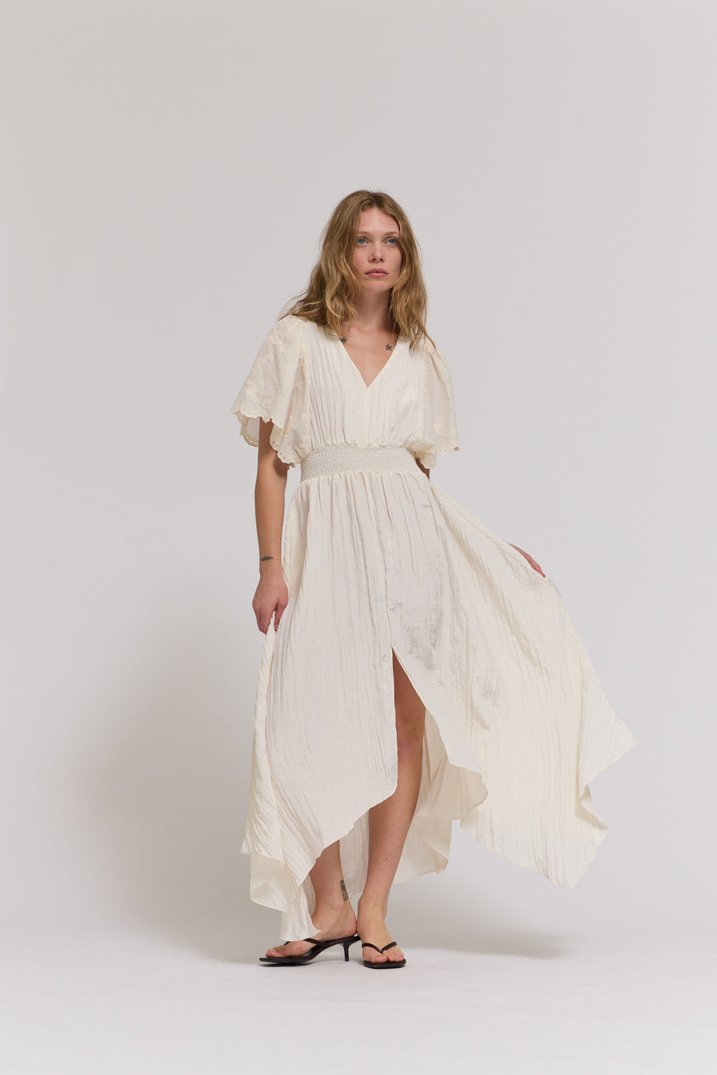 Embroidered Sleeves Unbalanced Skirt Maxi Dress in Milk
