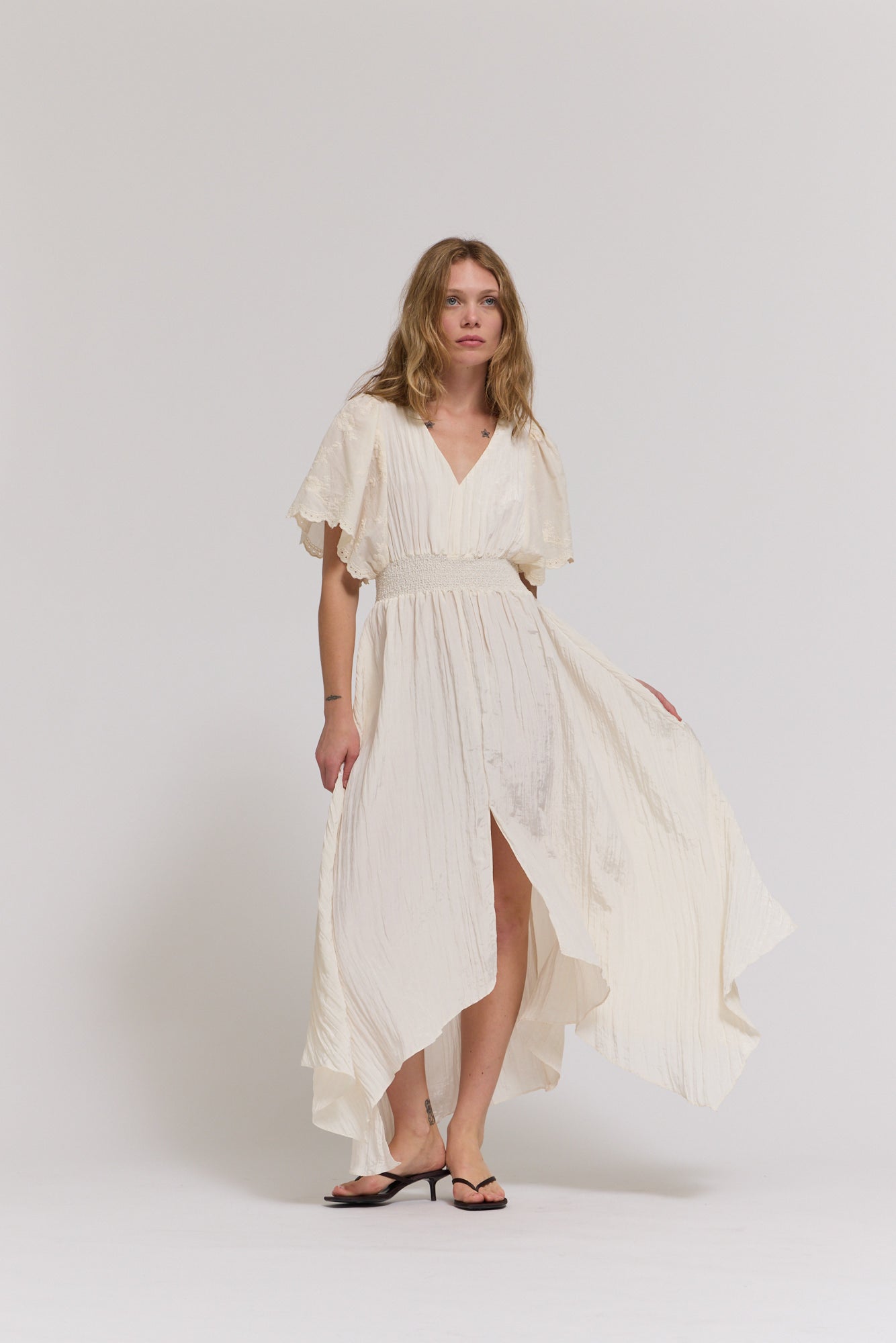 Embroidered Sleeves Unbalanced Skirt Maxi Dress in Milk