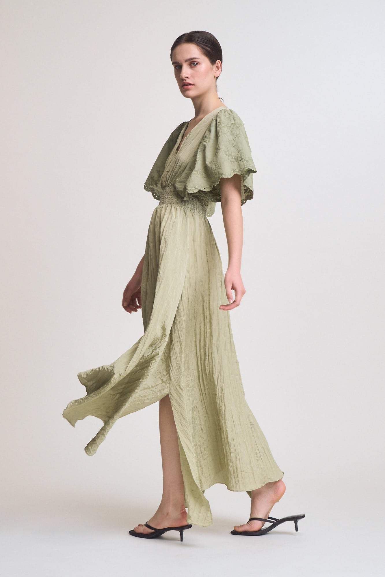 Embroidered Sleeves Unbalanced Skirt Maxi Dress in Spray Green
