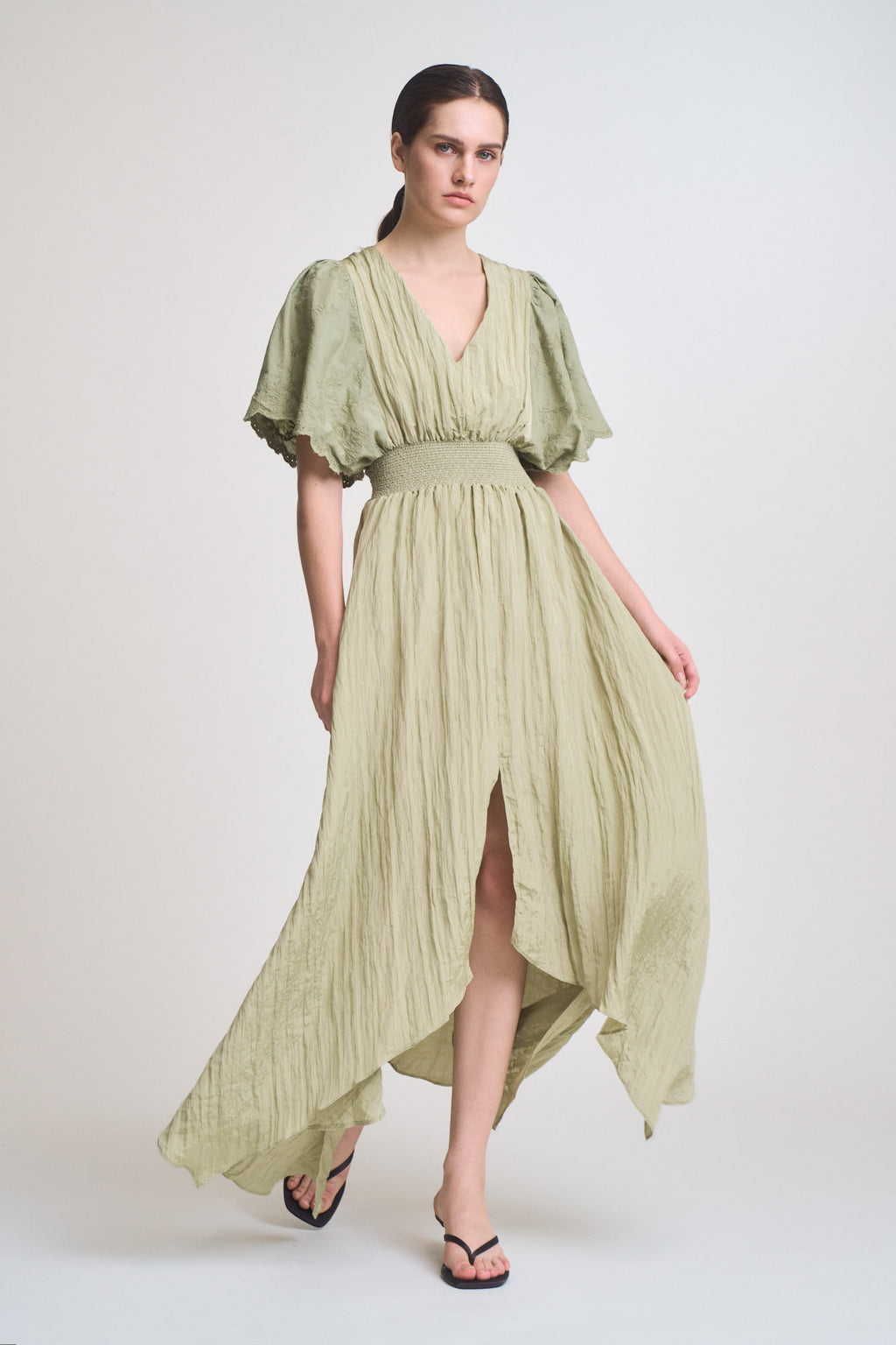 Embroidered Sleeves Unbalanced Skirt Maxi Dress in Spray Green