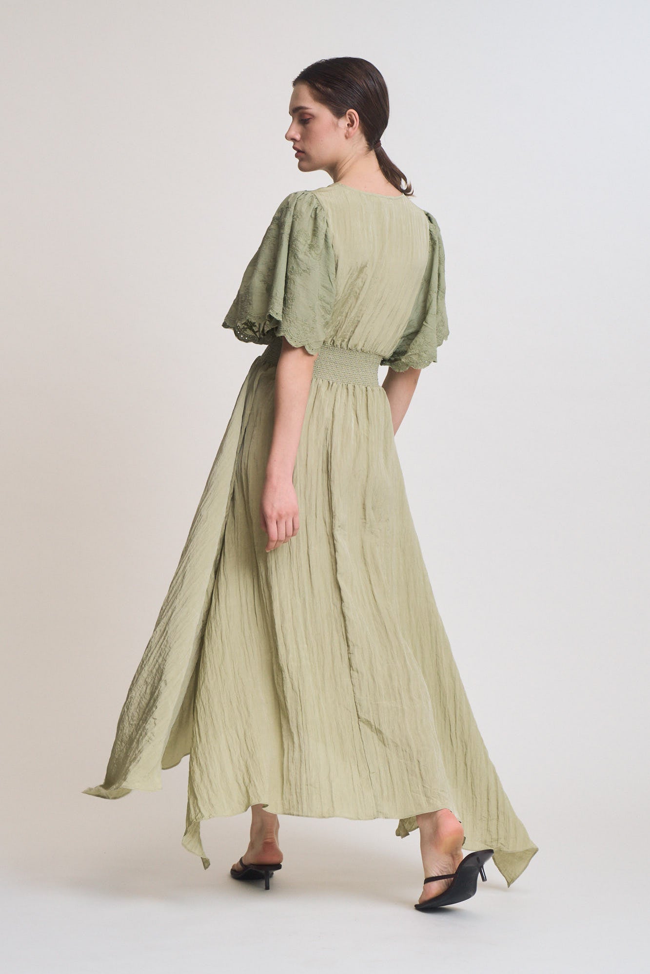 Embroidered Sleeves Unbalanced Skirt Maxi Dress in Spray Green