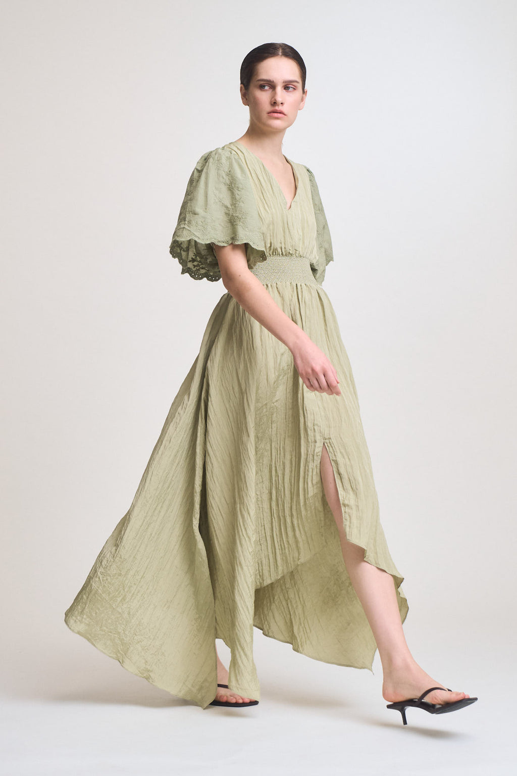 Embroidered Sleeves Unbalanced Skirt Maxi Dress in Spray Green