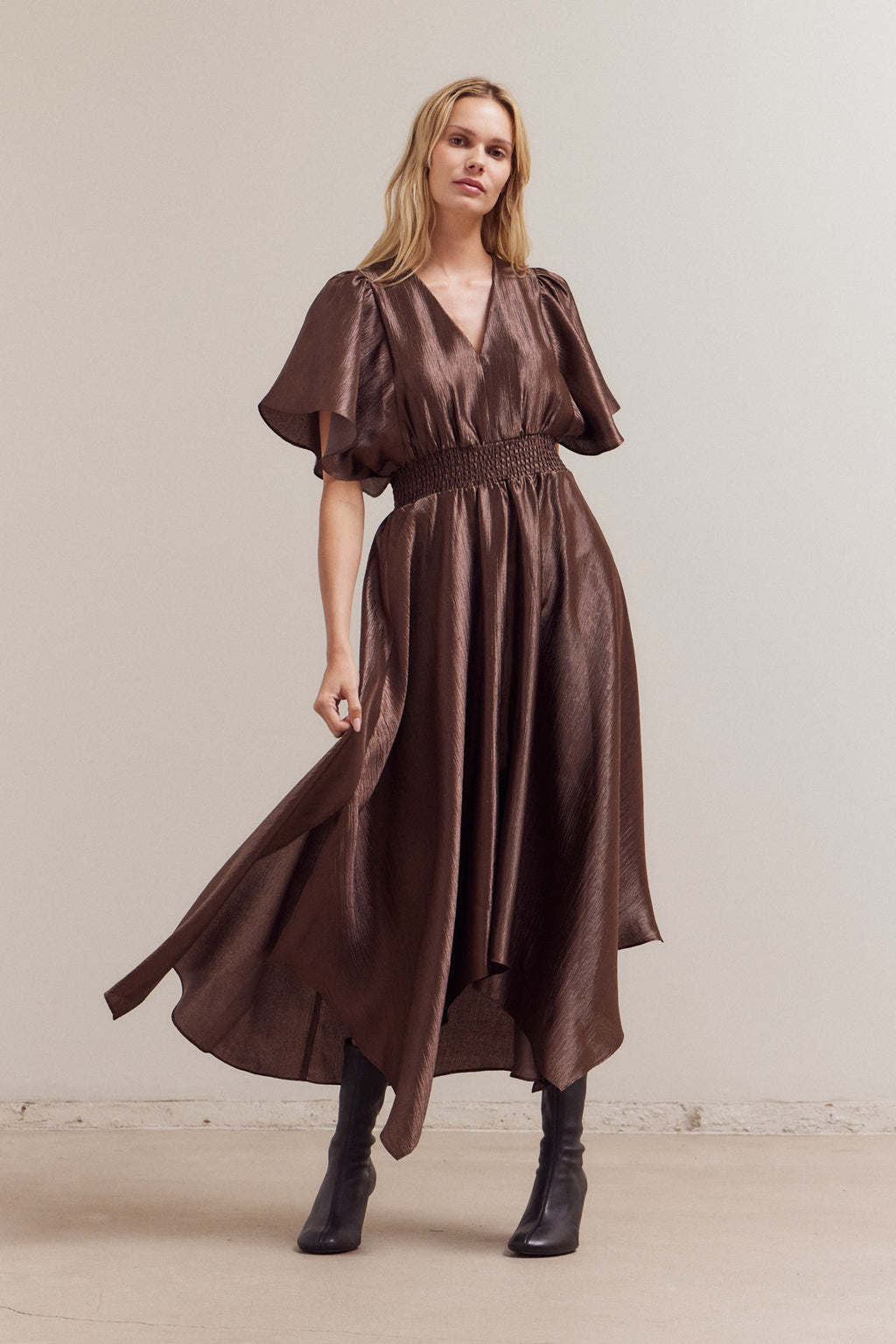 Unbalanced Skirt Wrinkle Satin Maxi Dress