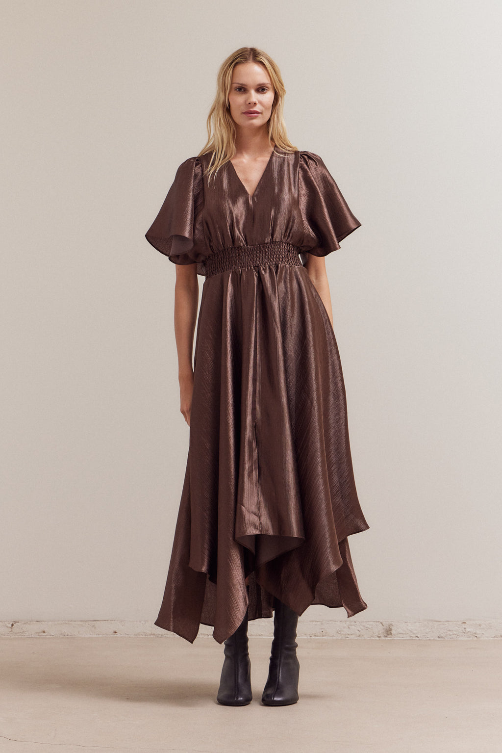 Unbalanced Skirt Wrinkle Satin Maxi Dress