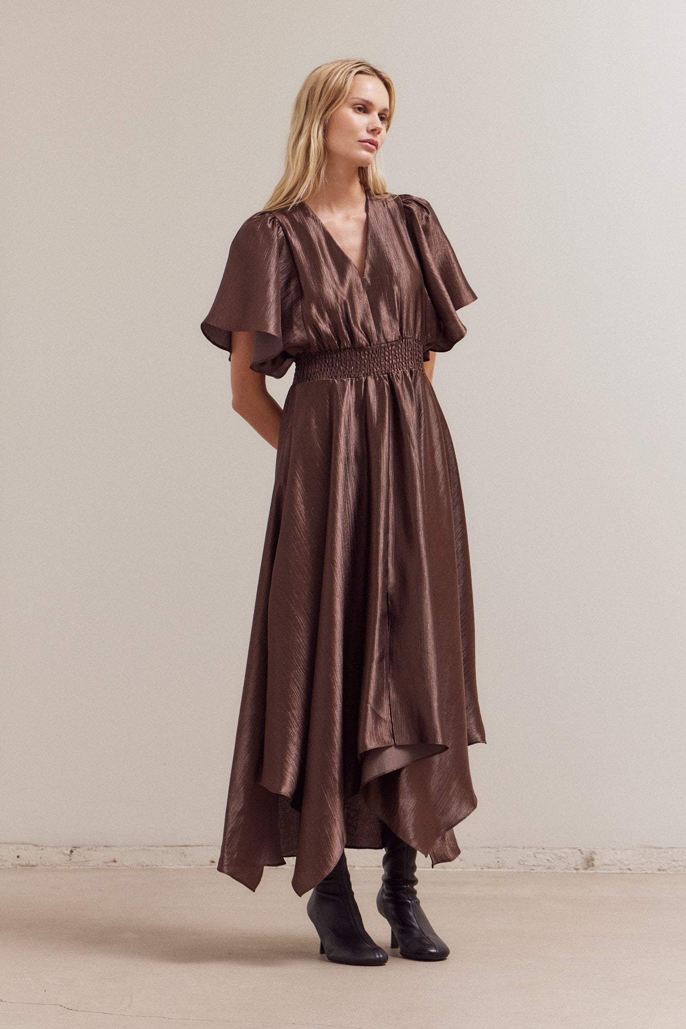 Unbalanced Skirt Wrinkle Satin Maxi Dress