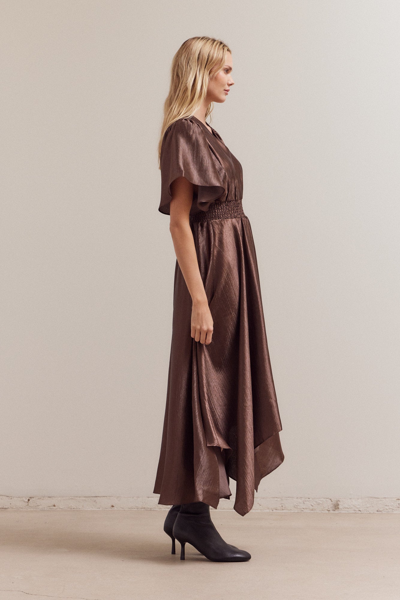 Unbalanced Skirt Wrinkle Satin Maxi Dress