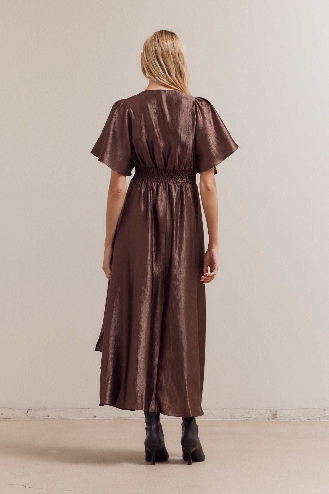 Unbalanced Skirt Wrinkle Satin Maxi Dress