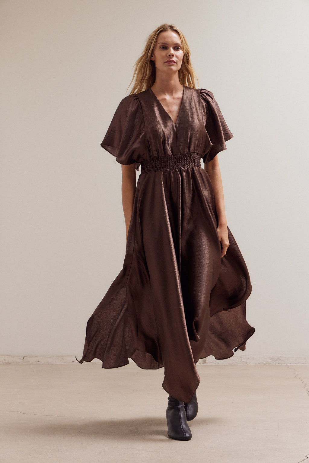 Unbalanced Skirt Wrinkle Satin Maxi Dress