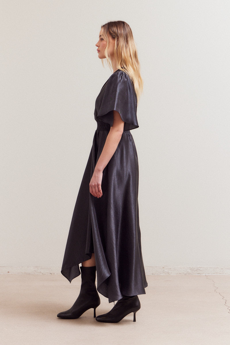 Unbalanced Skirt Wrinkle Satin Maxi Dress