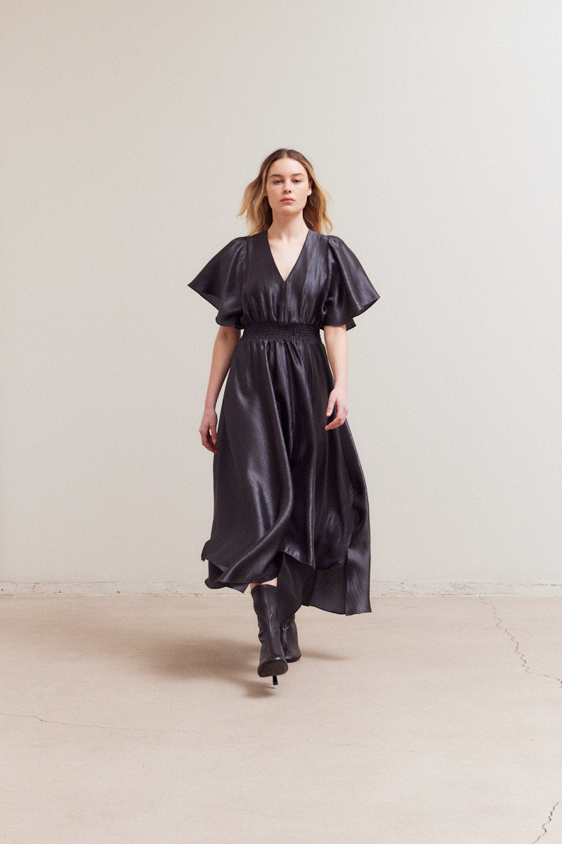 Unbalanced Skirt Wrinkle Satin Maxi Dress
