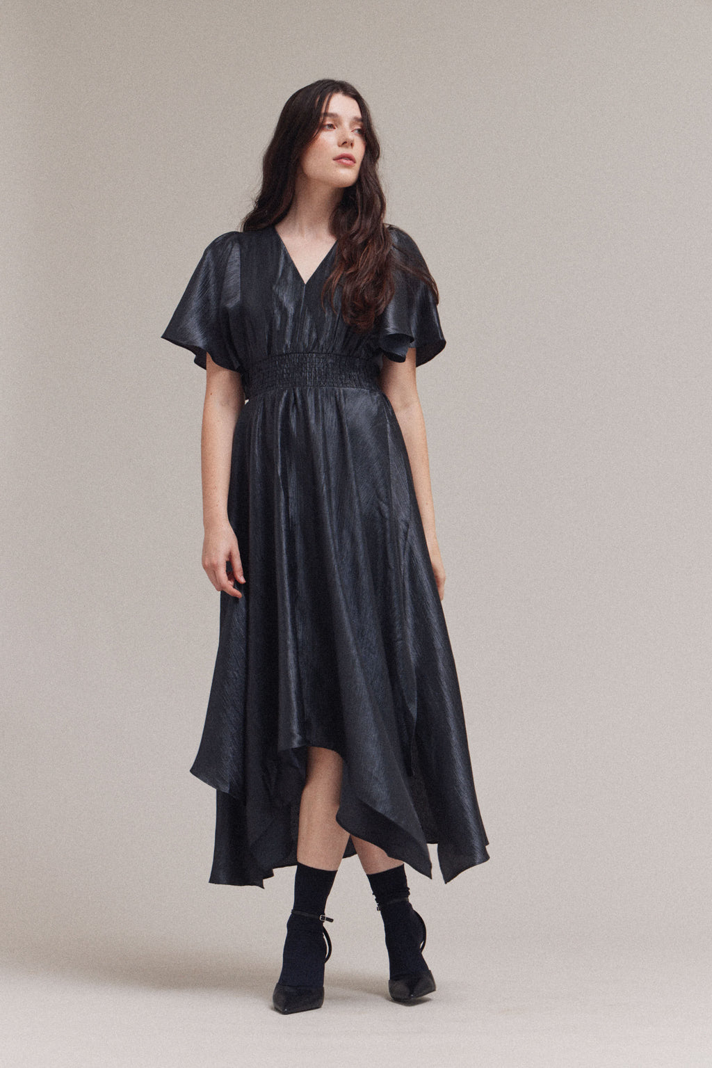 Unbalanced Skirt Wrinkle Satin Maxi Dress