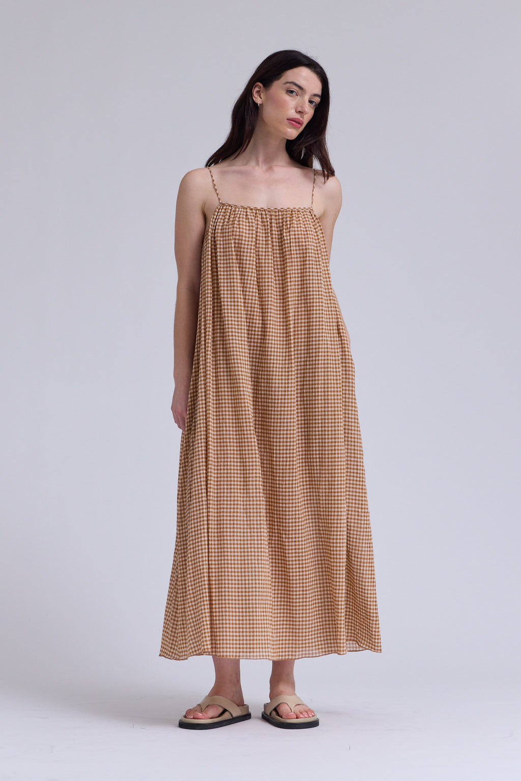 Printed Viscose Spaghetti Dress in Chai