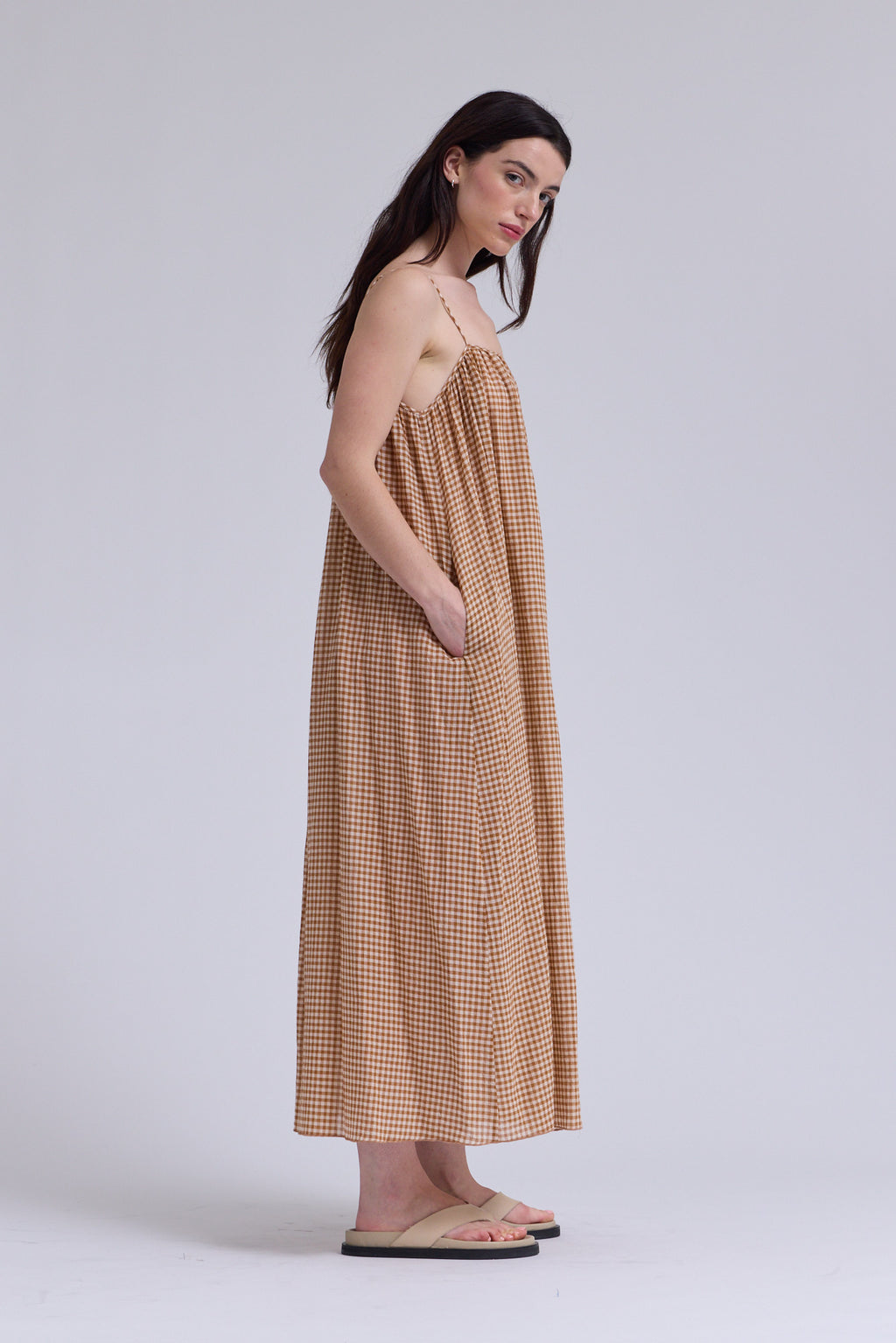 Printed Viscose Spaghetti Dress in Chai