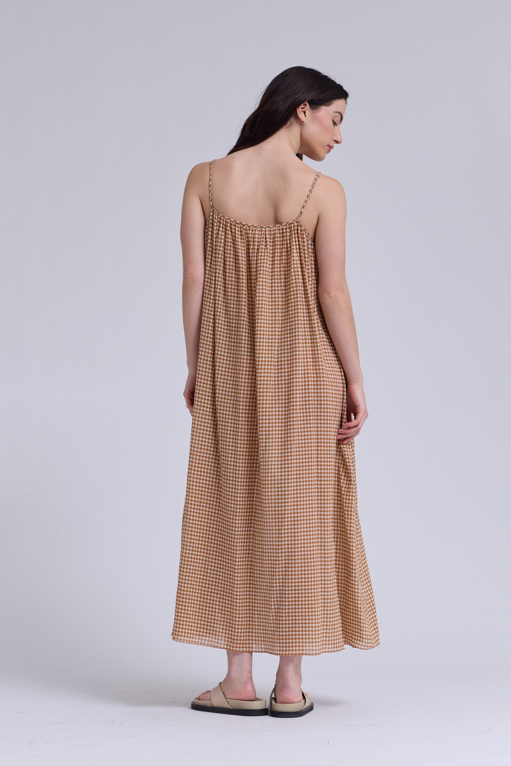 Printed Viscose Spaghetti Dress in Chai