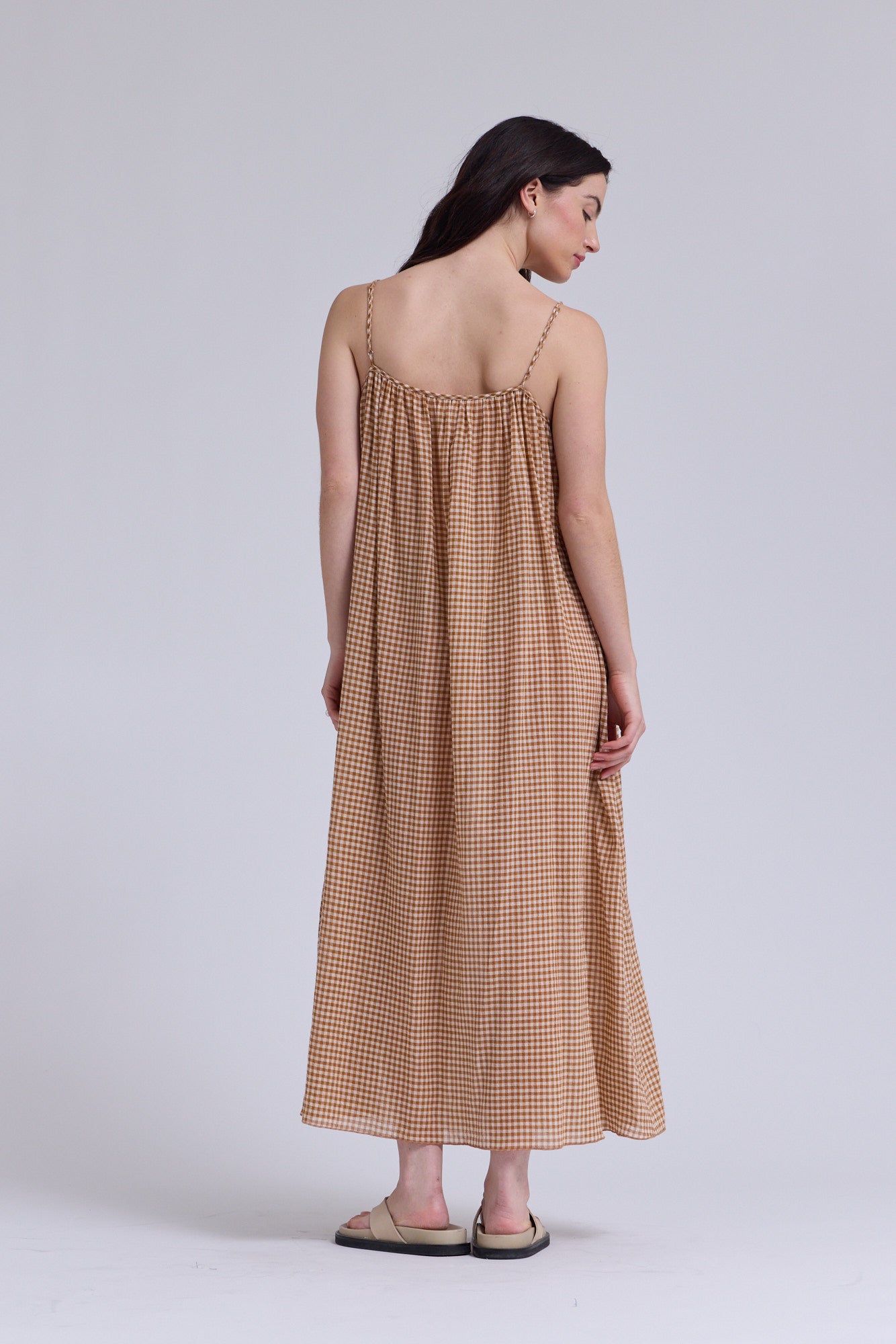Printed Viscose Spaghetti Dress in Chai