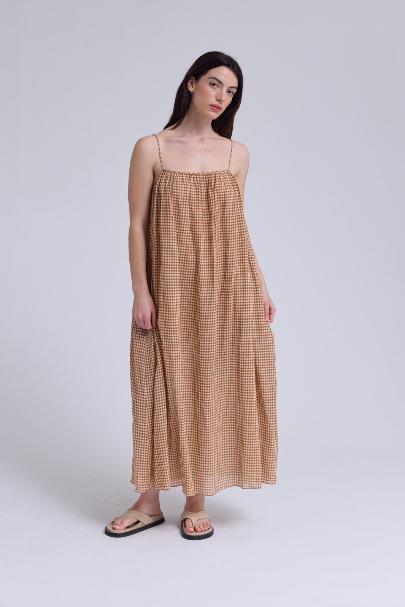 Printed Viscose Spaghetti Dress in Chai