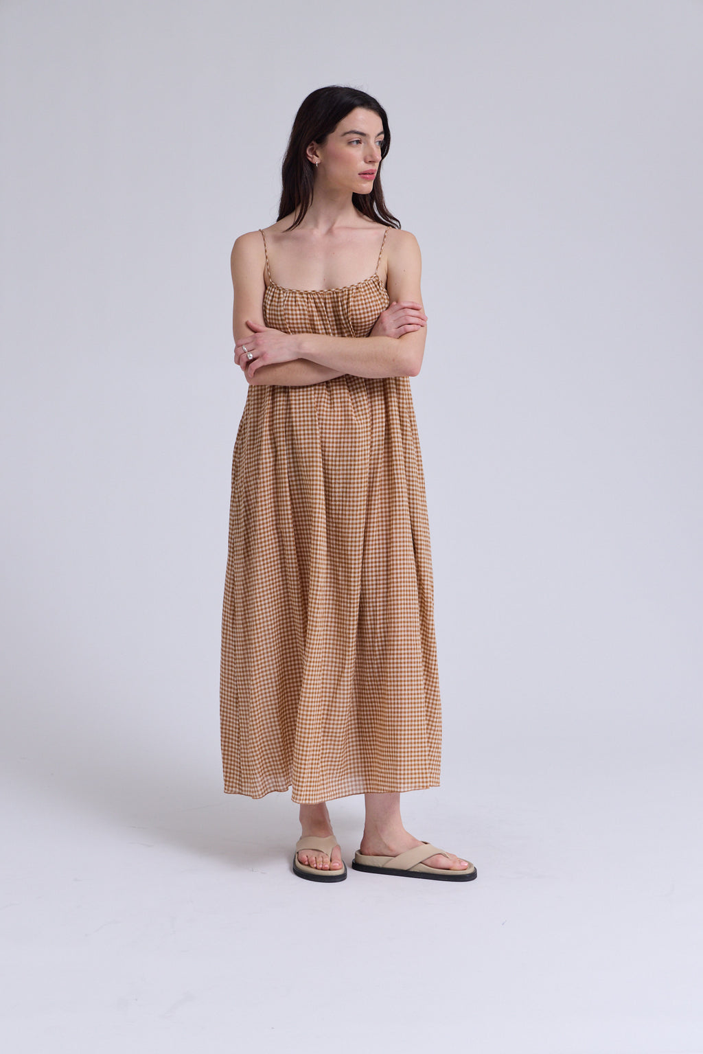 Printed Viscose Spaghetti Dress in Chai