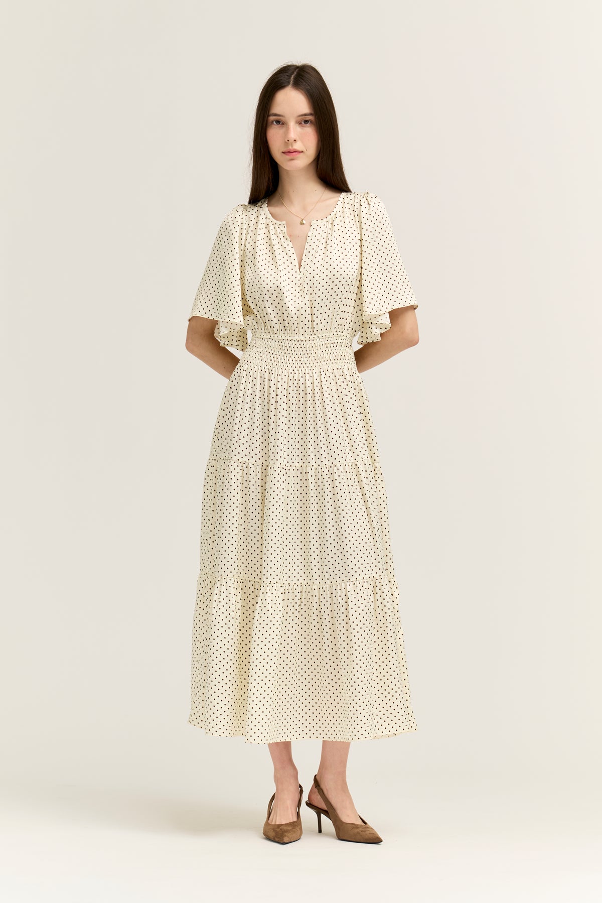 Polka Dot Printed Dress in Ivory Choco