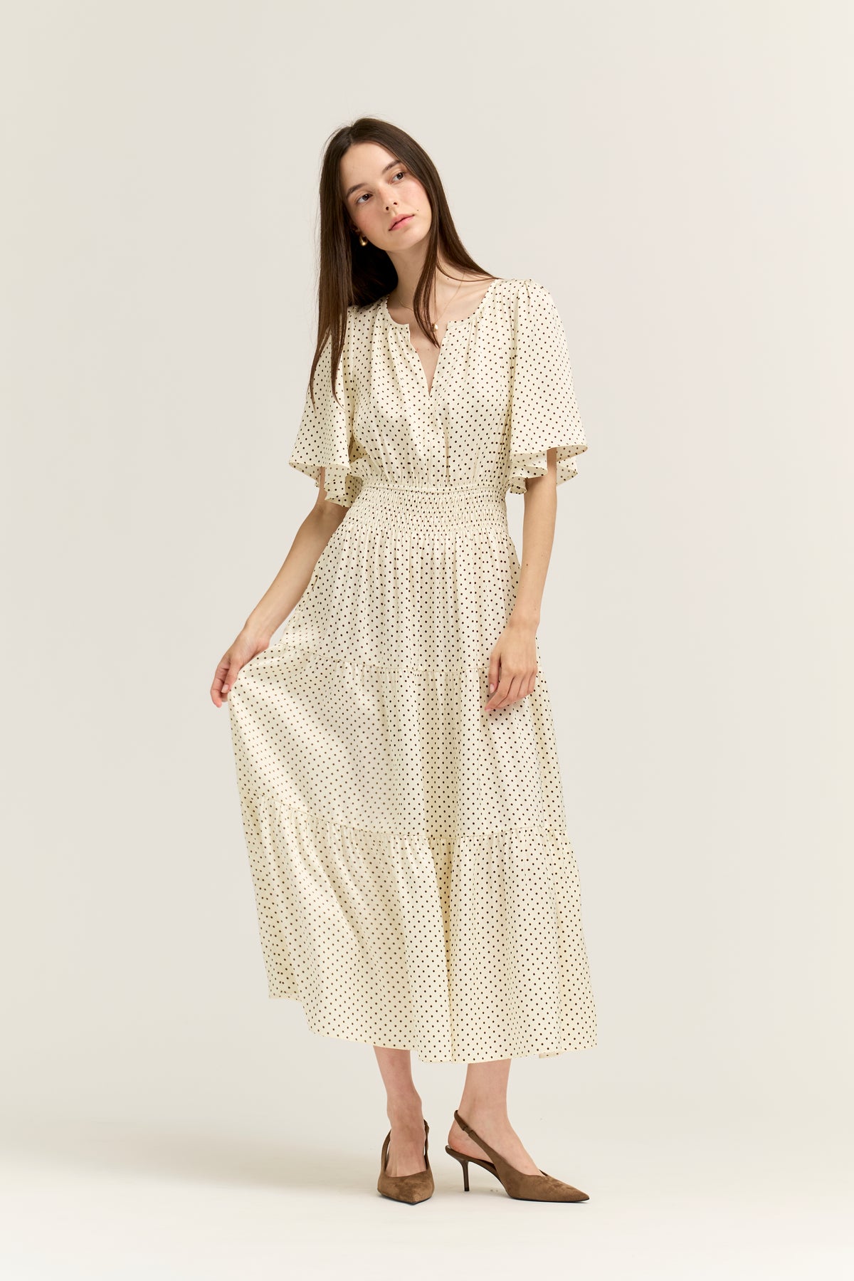Polka Dot Printed Dress in Ivory Choco