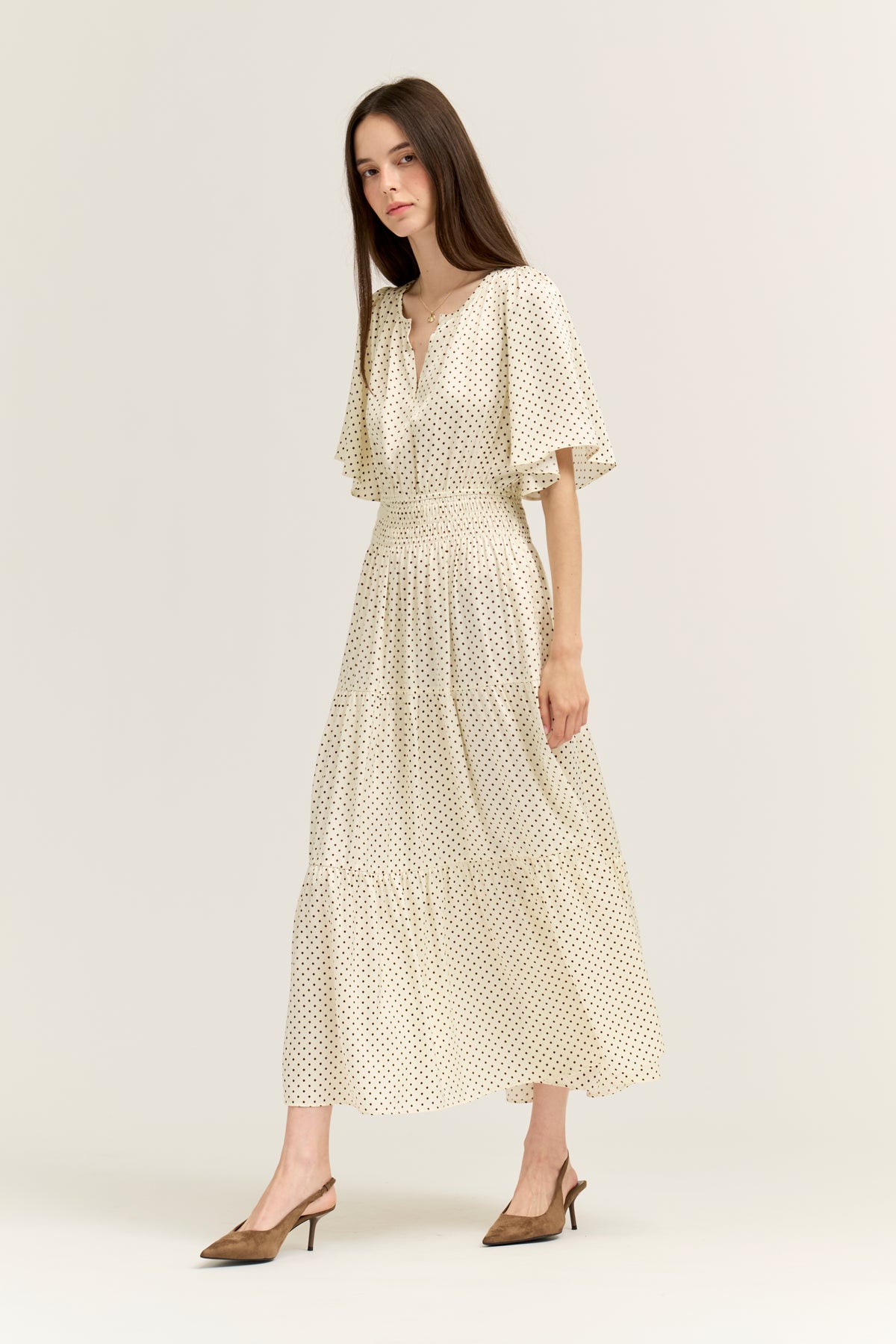 Polka Dot Printed Dress in Ivory Choco