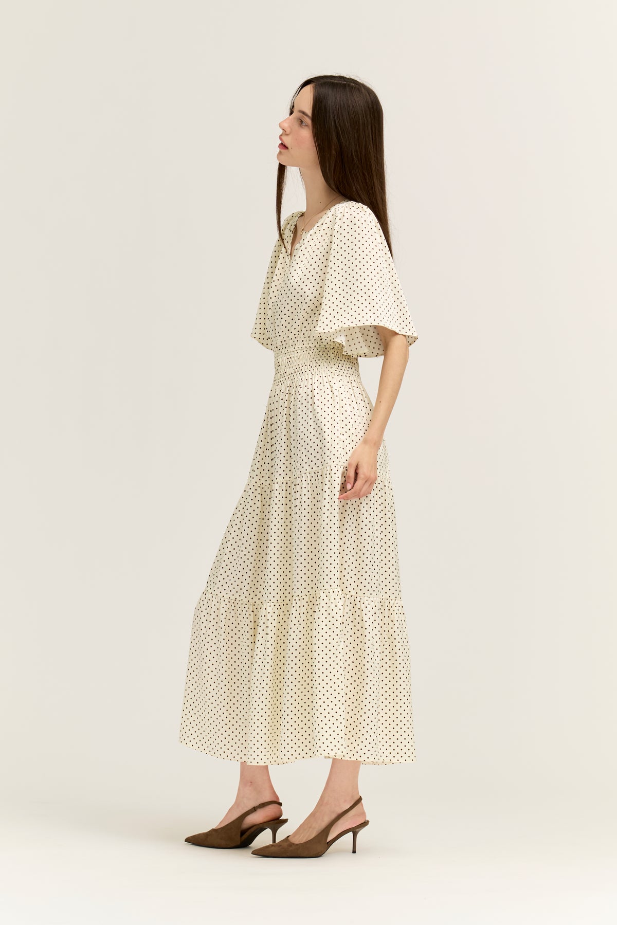 Polka Dot Printed Dress in Ivory Choco