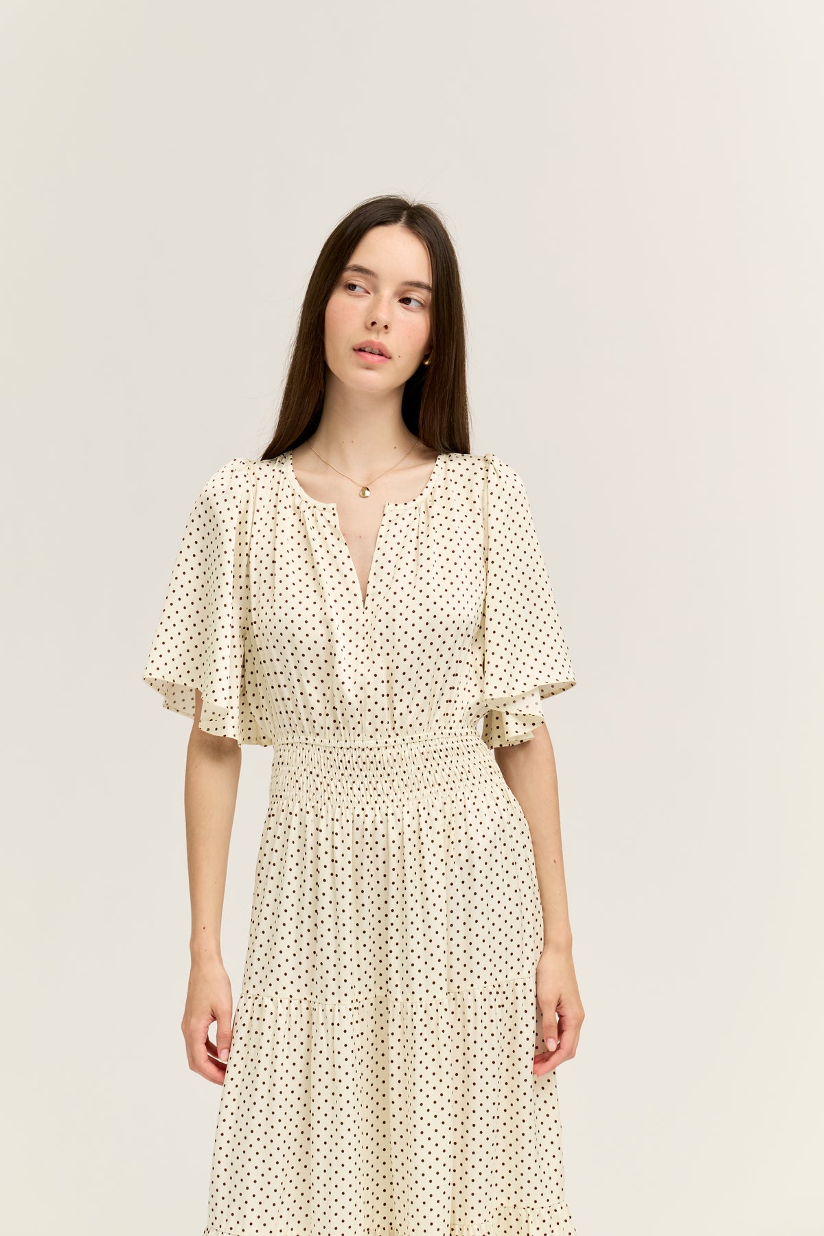 Polka Dot Printed Dress in Ivory Choco
