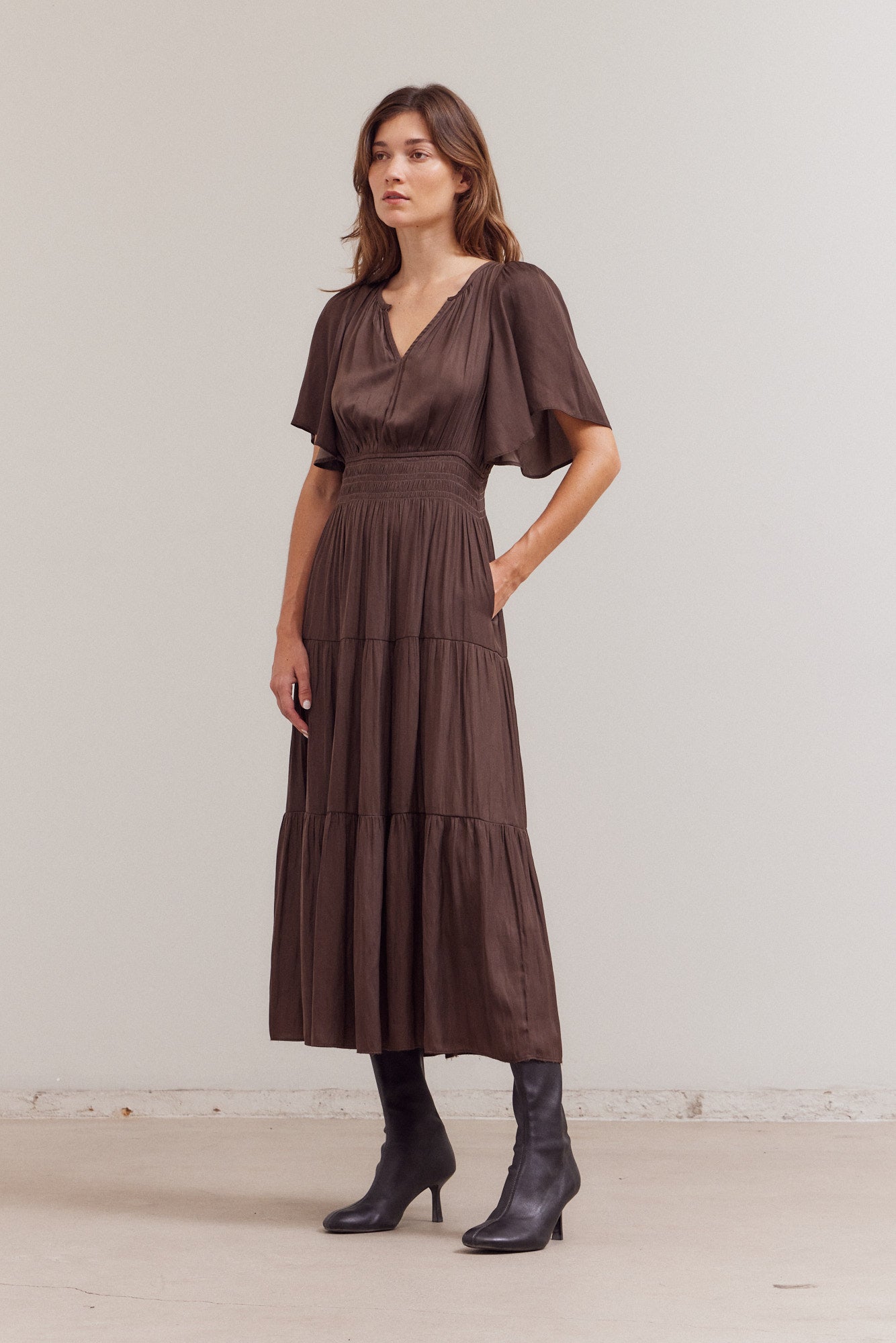 Pleated Satin Maxi Dress