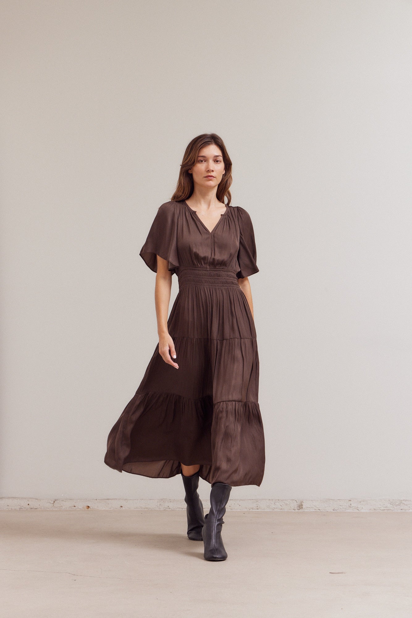 Pleated Satin Maxi Dress
