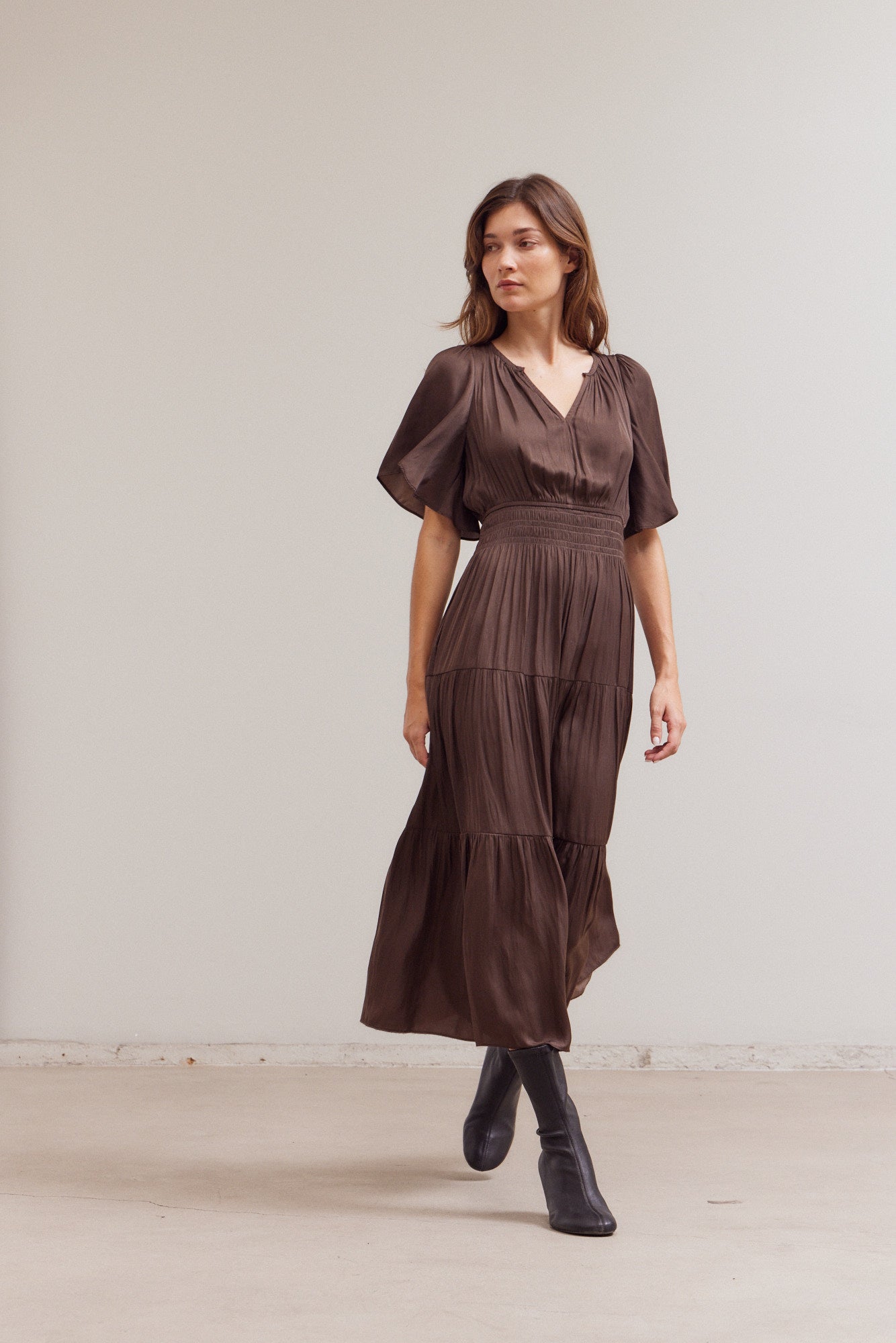 Pleated Satin Maxi Dress