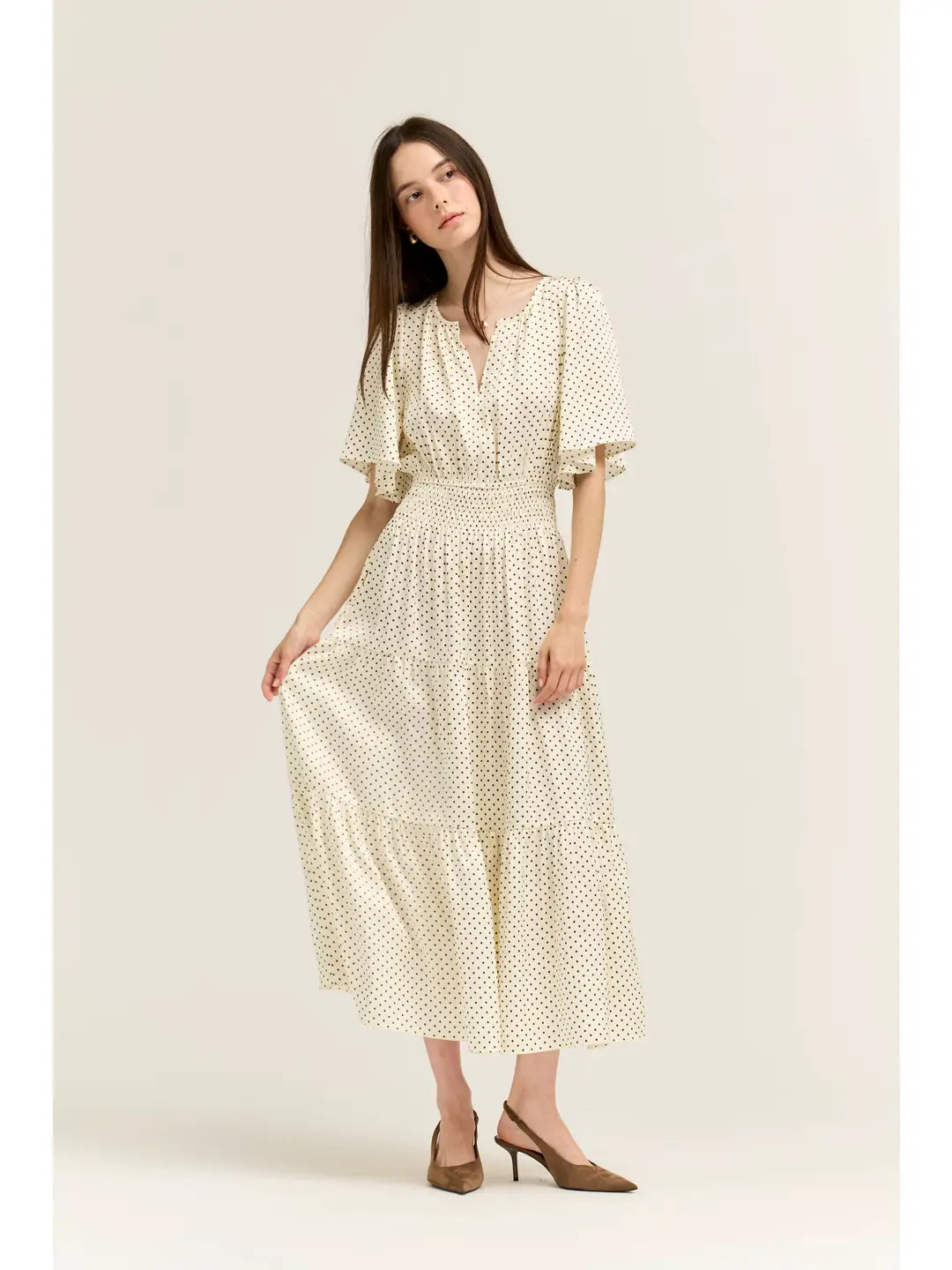 Polka Dot Printed Dress in Ivory Choco