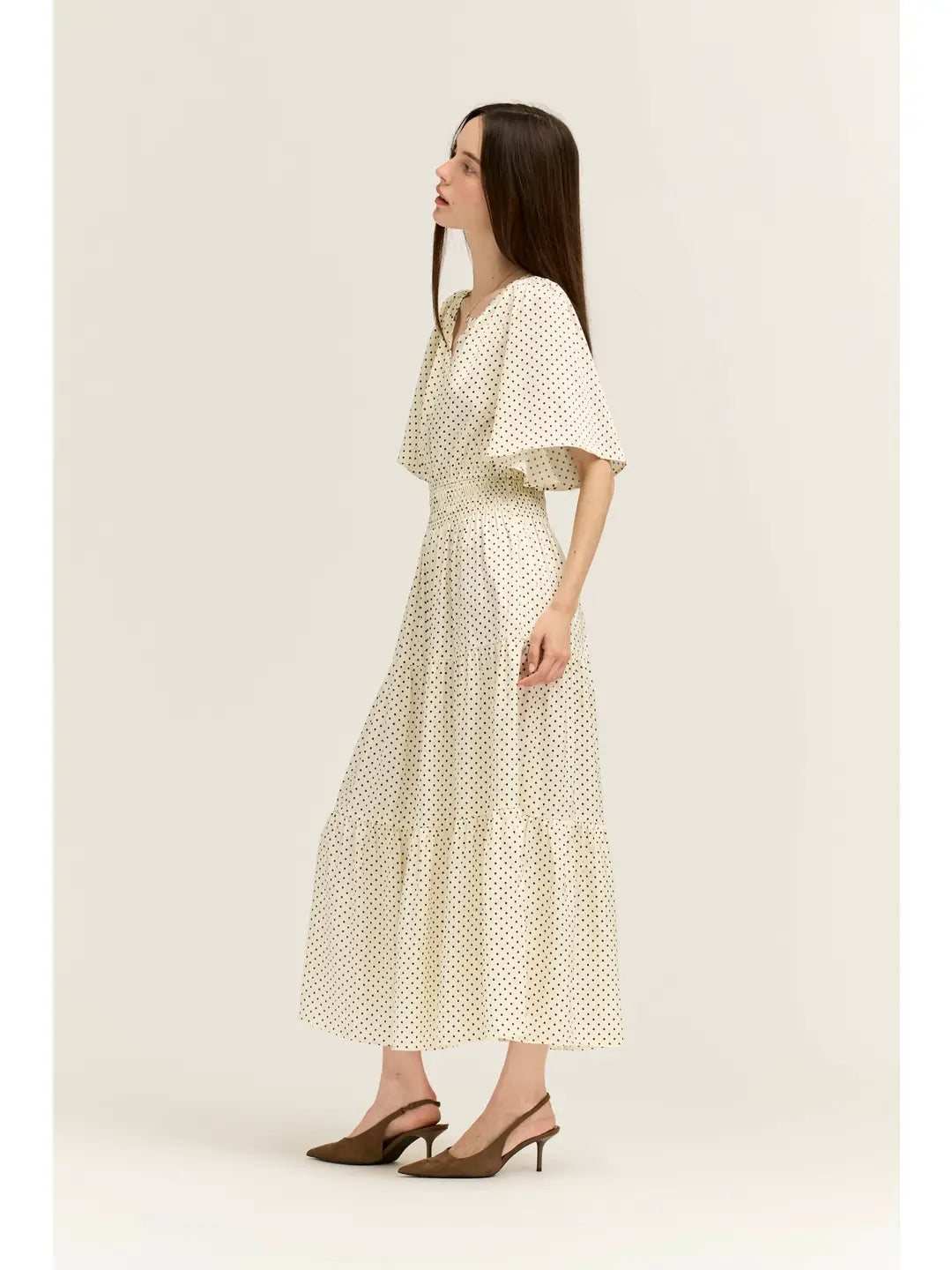 Polka Dot Printed Dress in Ivory Choco