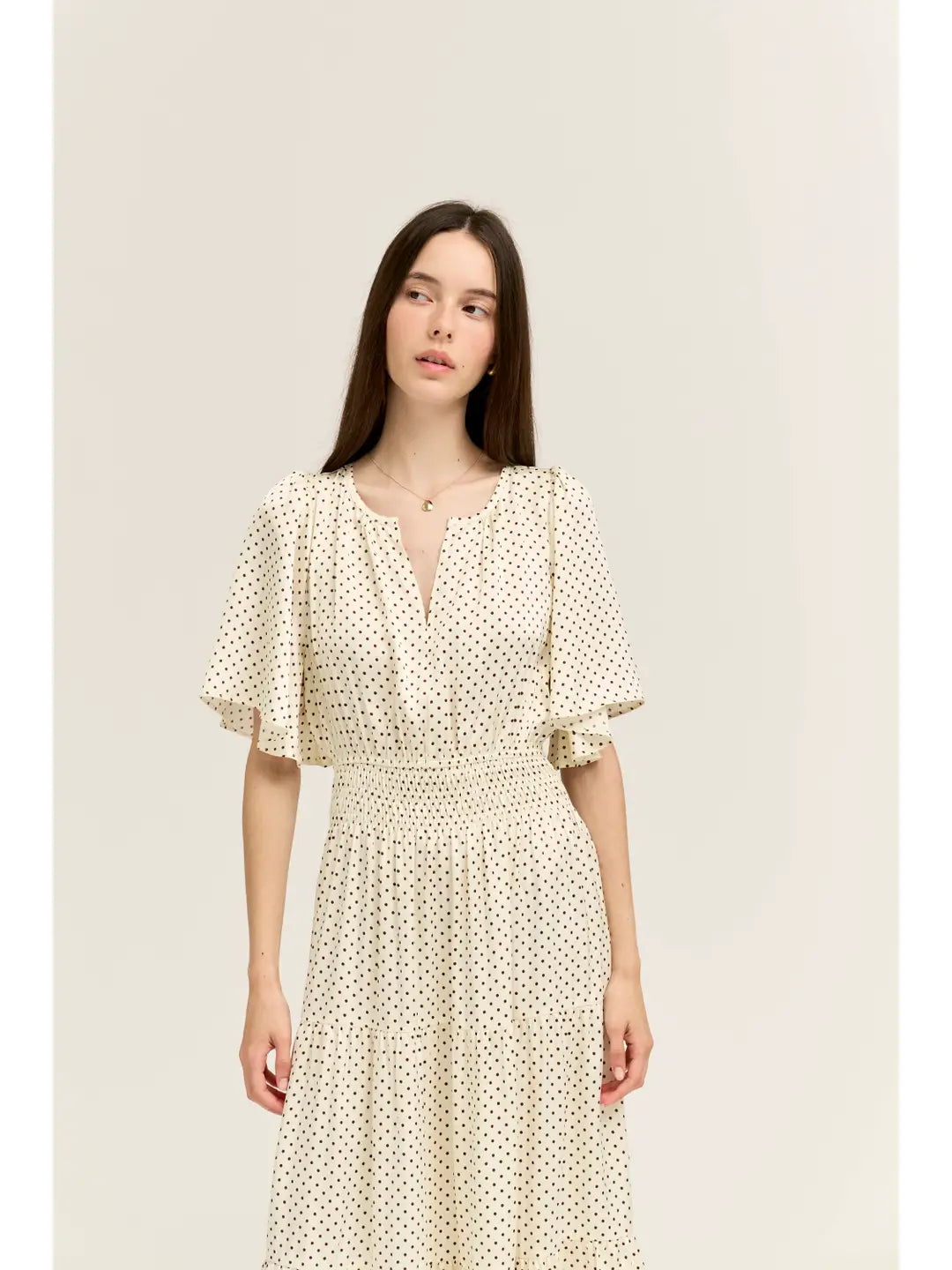 Polka Dot Printed Dress in Ivory Choco