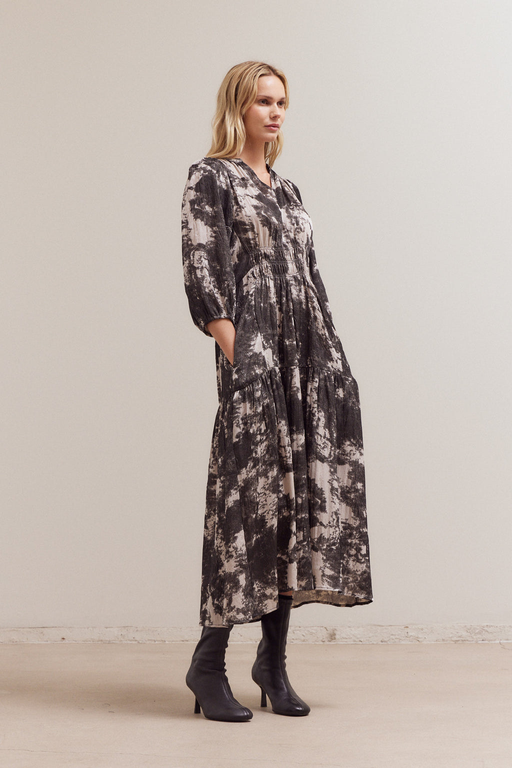 3/4 Sleeves Printed Midi Dress