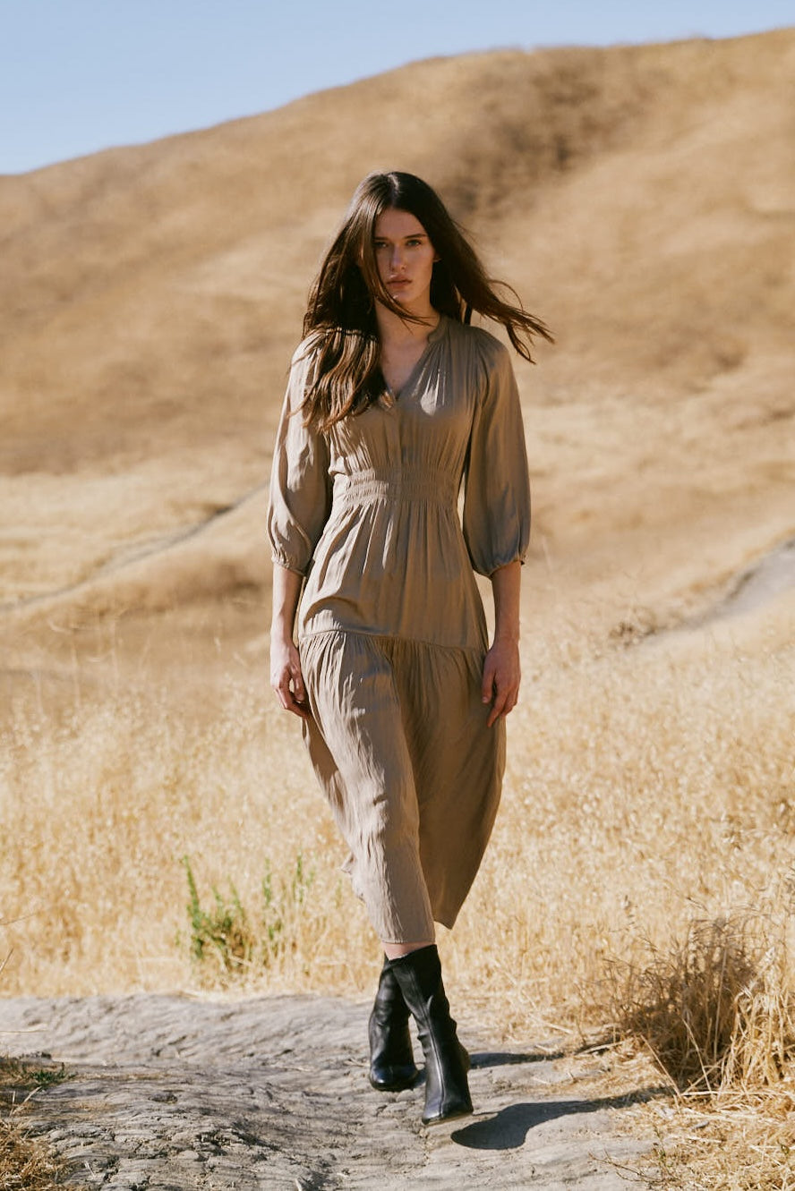 3/4 Sleeves Satin Midi Dress