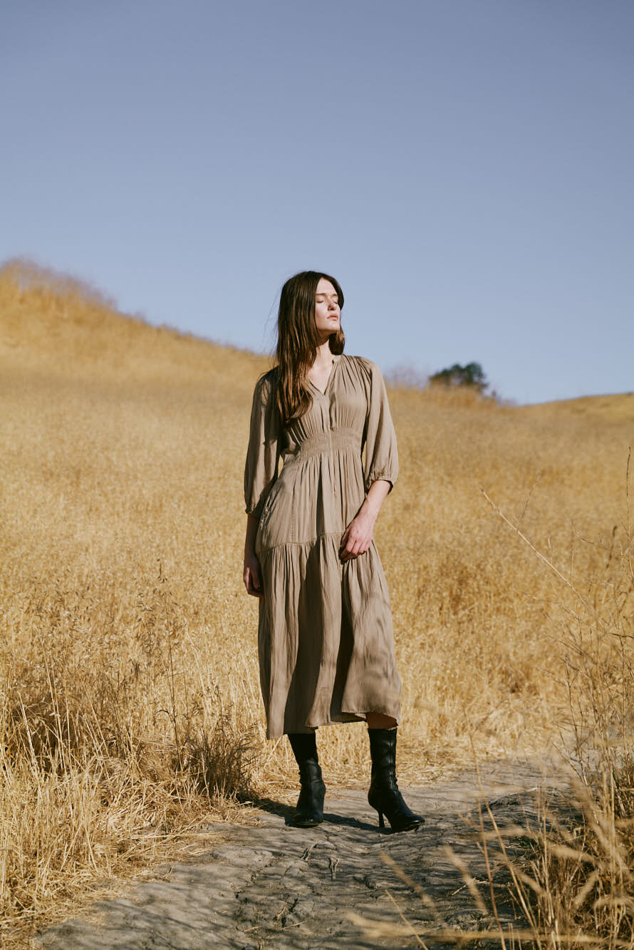 3/4 Sleeves Satin Midi Dress