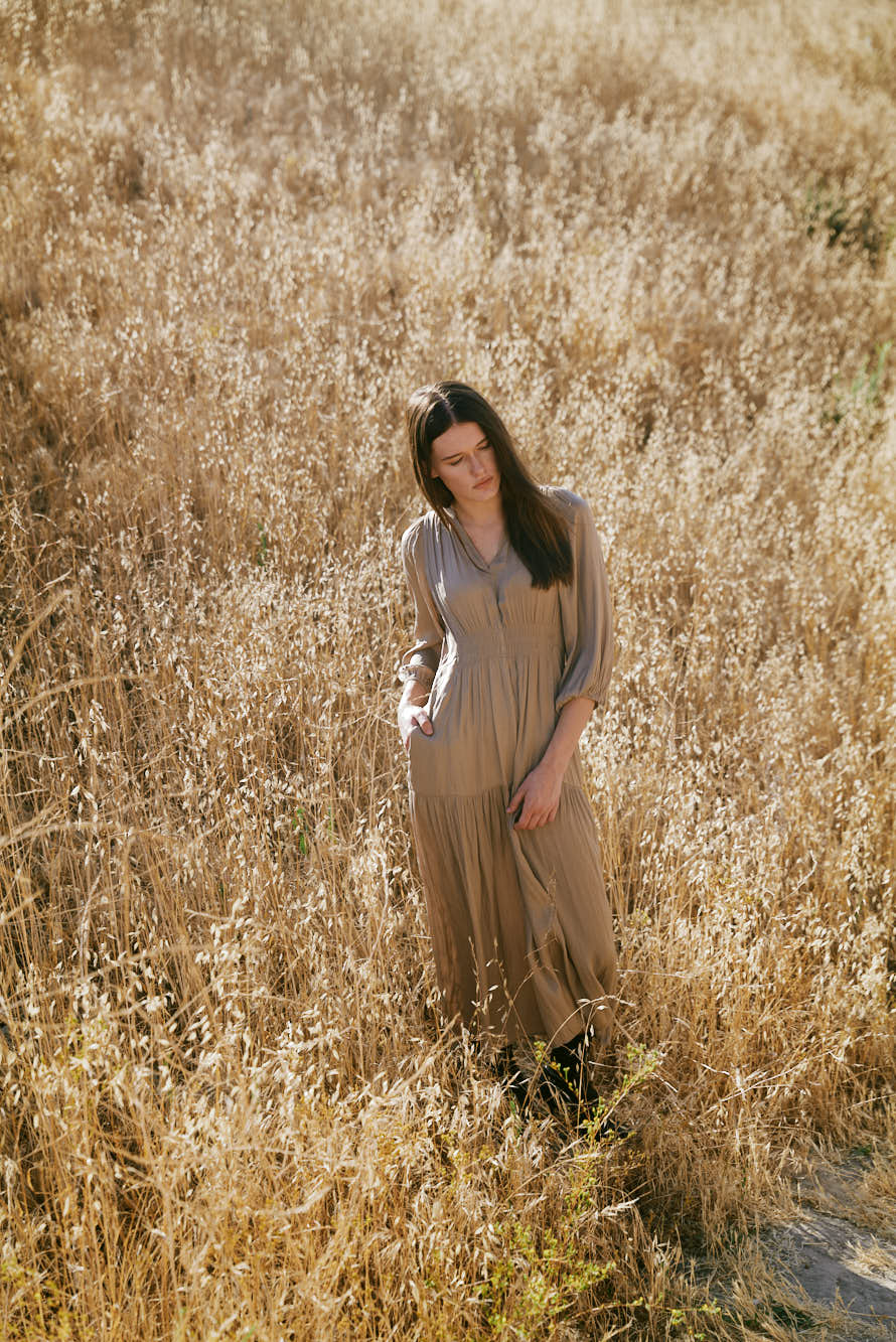 3/4 Sleeves Satin Midi Dress